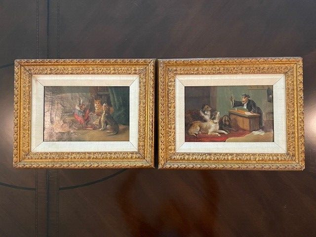 Early Oil Painting Pair, Monkey & Dogs – Animal Antics, Signed