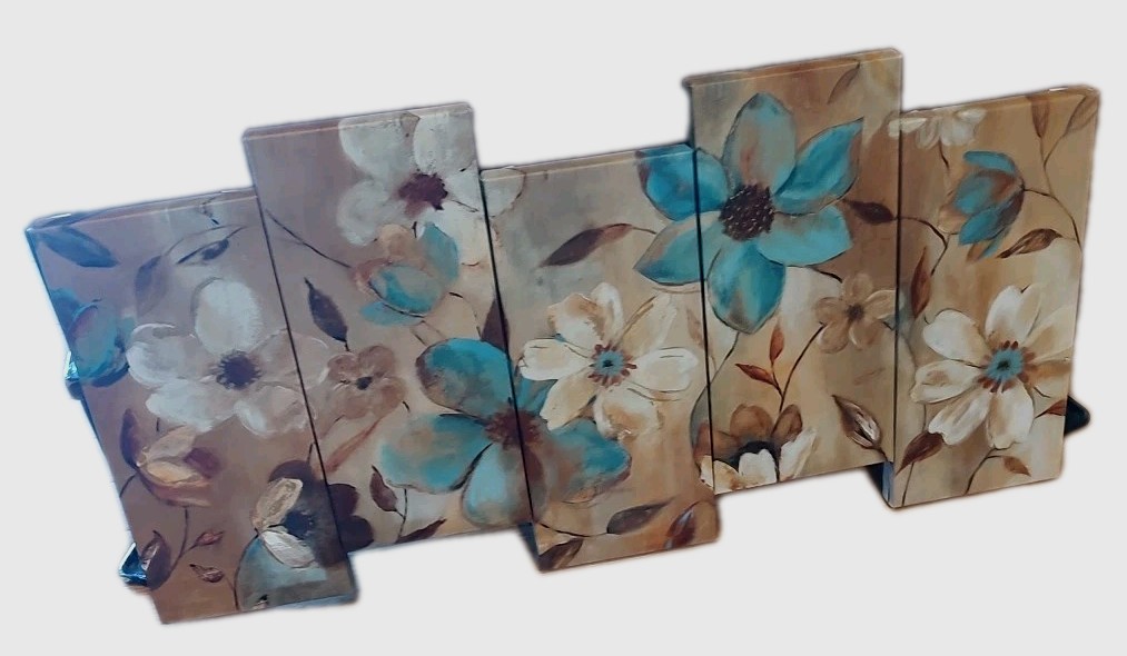 5 Panel Canvas Wall Art Teal/Beige Flowers With Gold Embossing