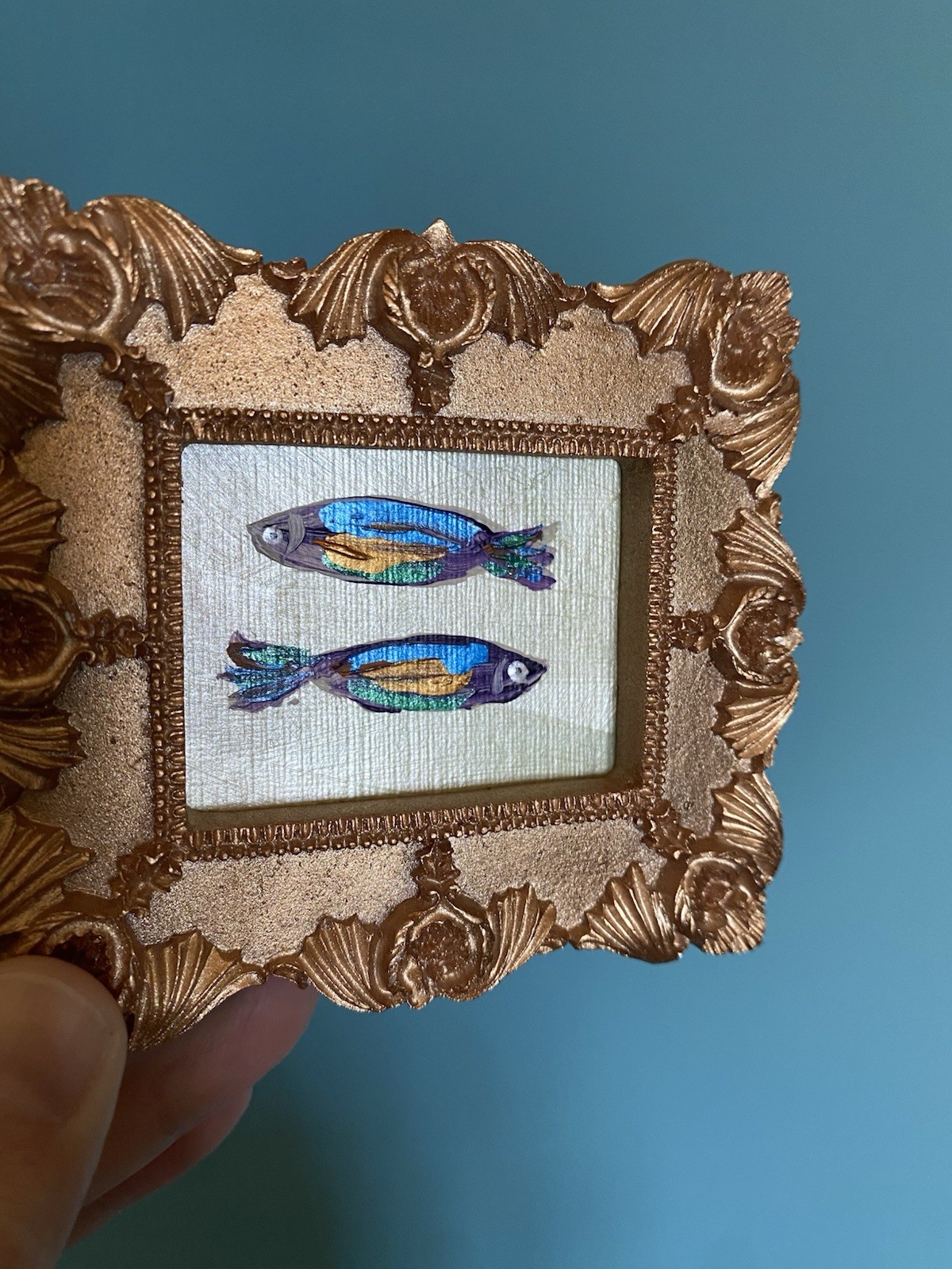 Fish Sardines ,Original,3/3,5framed,gold,miniature,small,mini