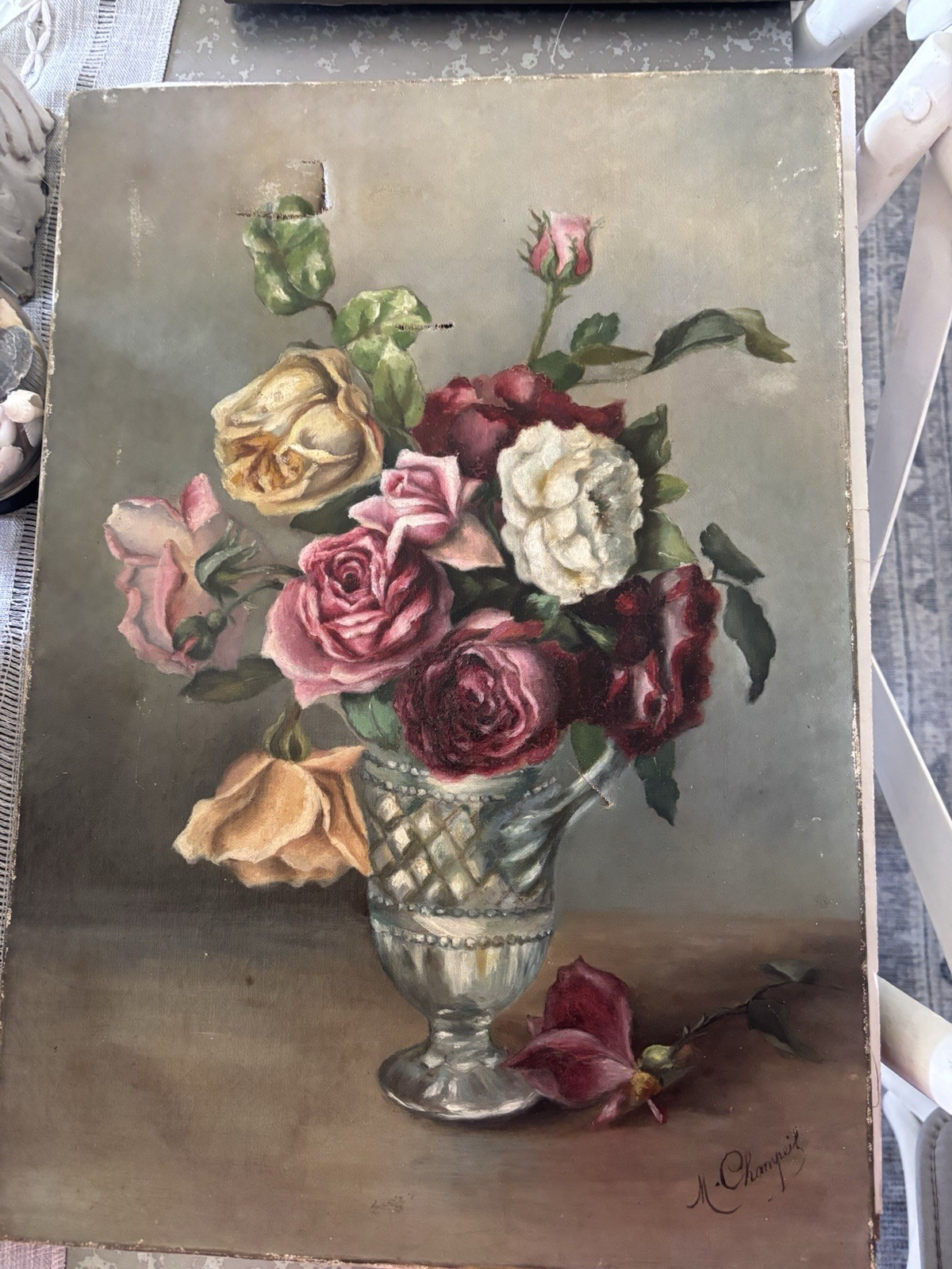 M. Channig Signed Still Life Realism Painting Roses in Glass Vase Unframed