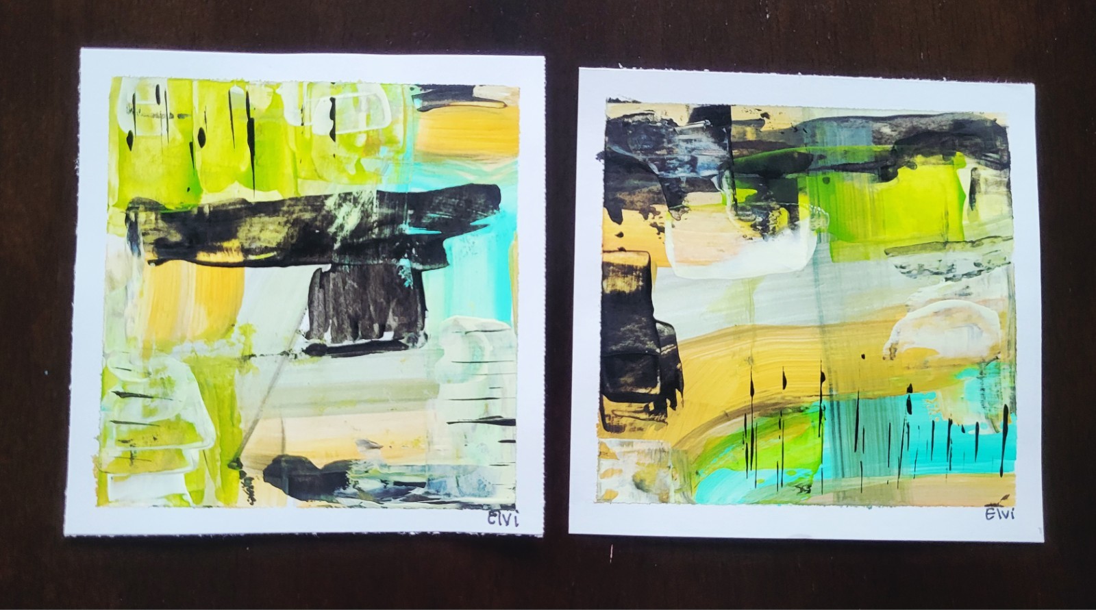 Elvi Set Of 2 Green Abstract 4×4 Paintings On Heavy paper Acrylic Modern Art
