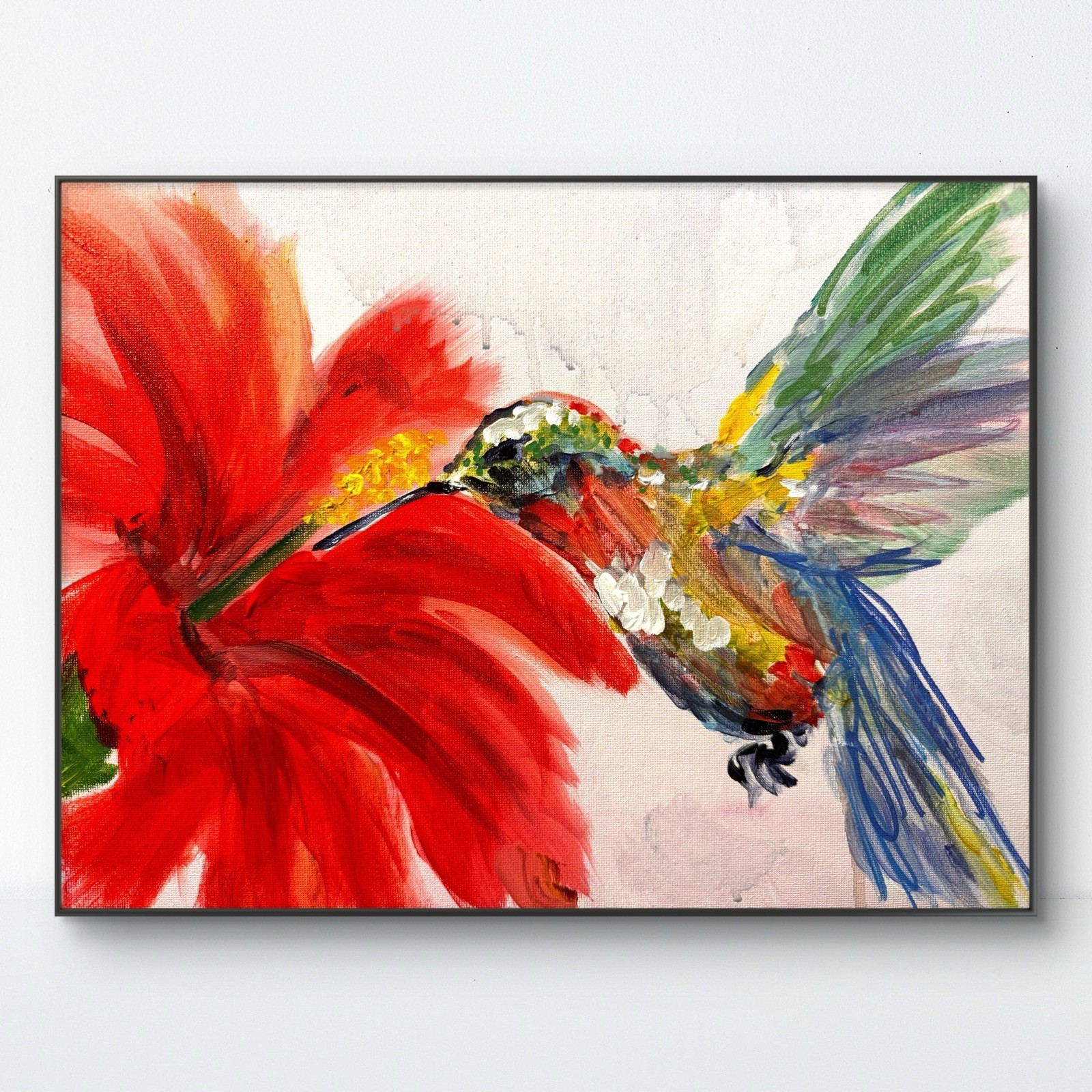 Original Art Abstract Expressionism 11×14 Hummingbird Signed Colorful Canvas 182