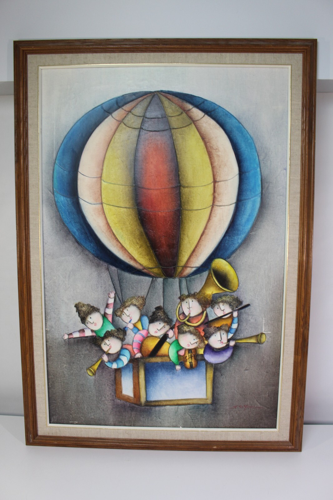 Joyce Roybal Oil Canvas Art Signed Framed Musicians Hot Air Balloon Whimsical NY