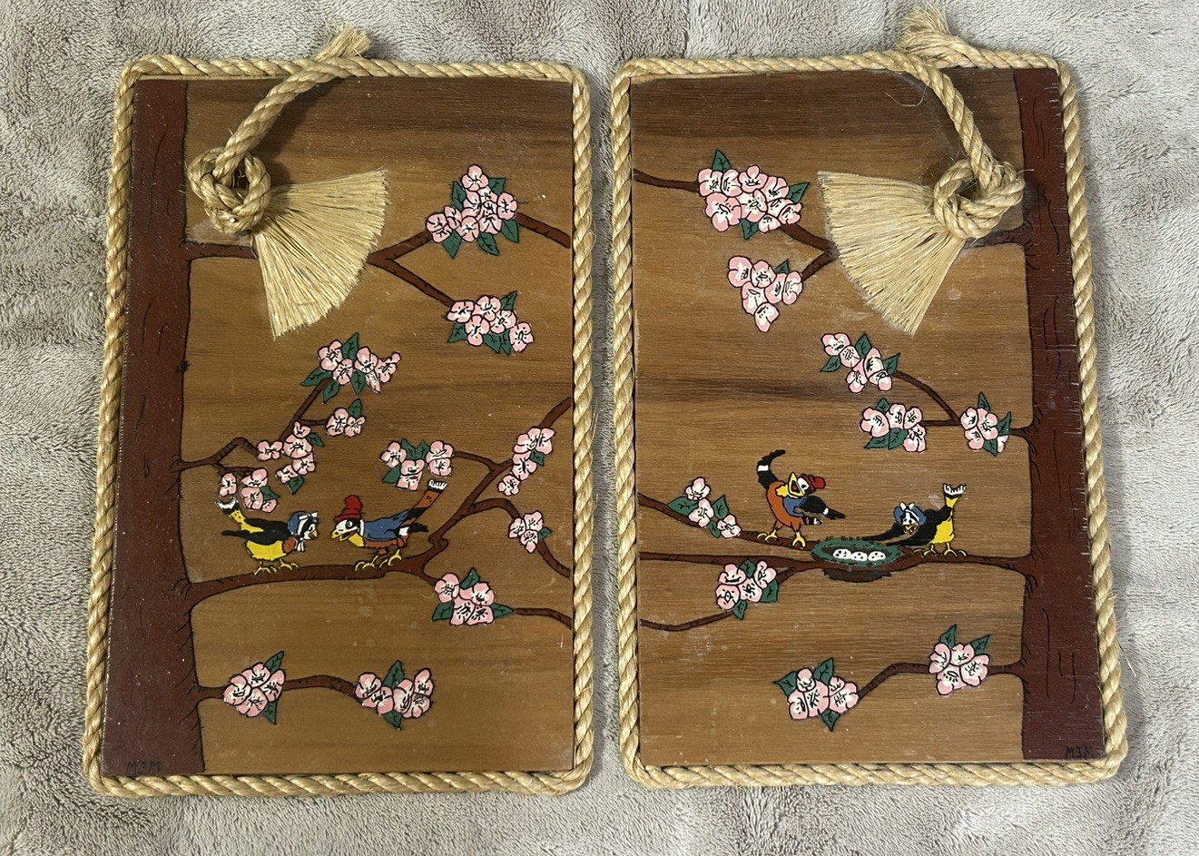 VTG Hand Painted Wood Panel Wall Art Birds Branch Nature Cartoon Decor Set Of 2