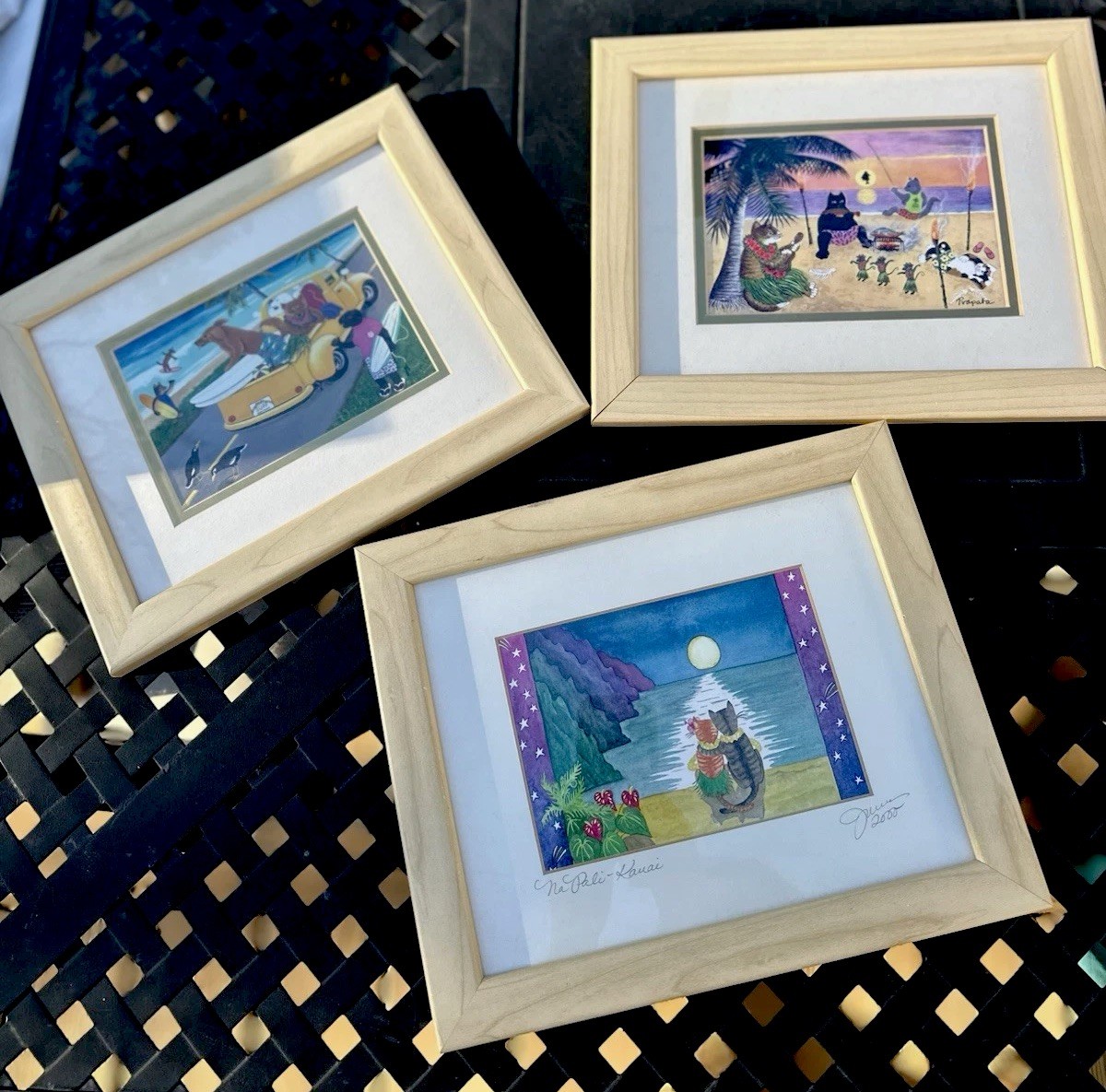 Set of 3 Framed Tropical Beach Animal Art Prints Hawaii Coastal Dogs Cats Wall