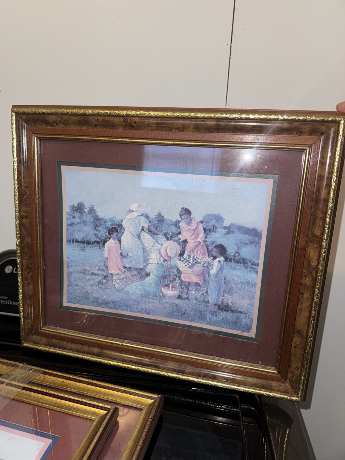Painting By Ann Mount Picnic African American Family Wooden Frame with Gold Trim