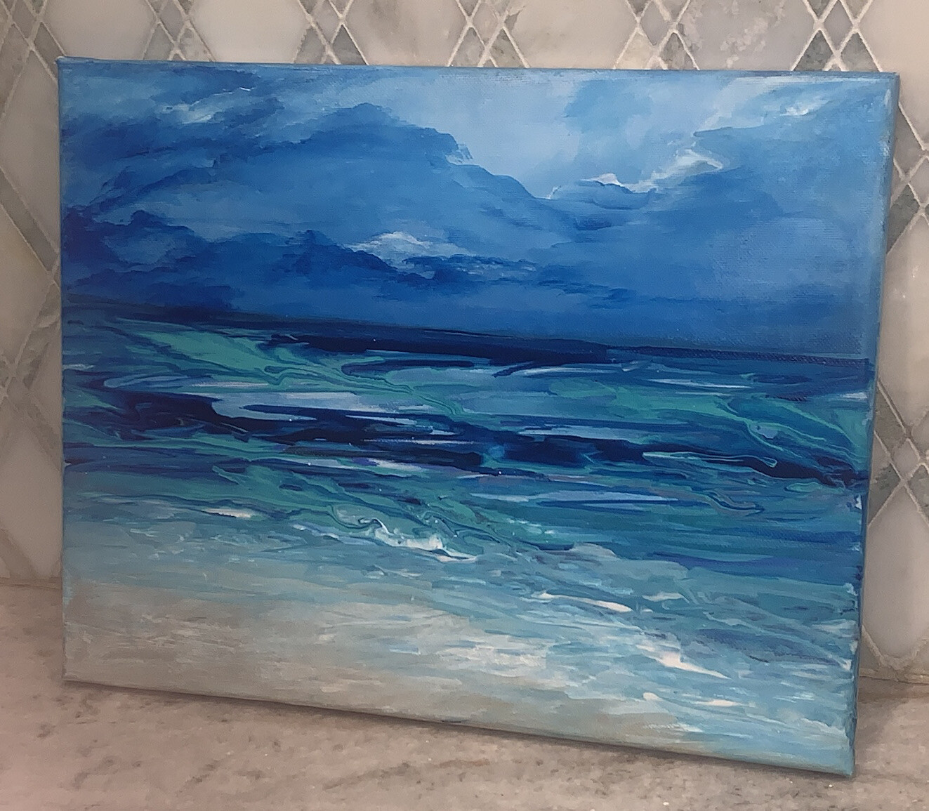 Original Modern Impressionist Oceanscape Beach Shades Of Blue Wht Canvas 11”x14”