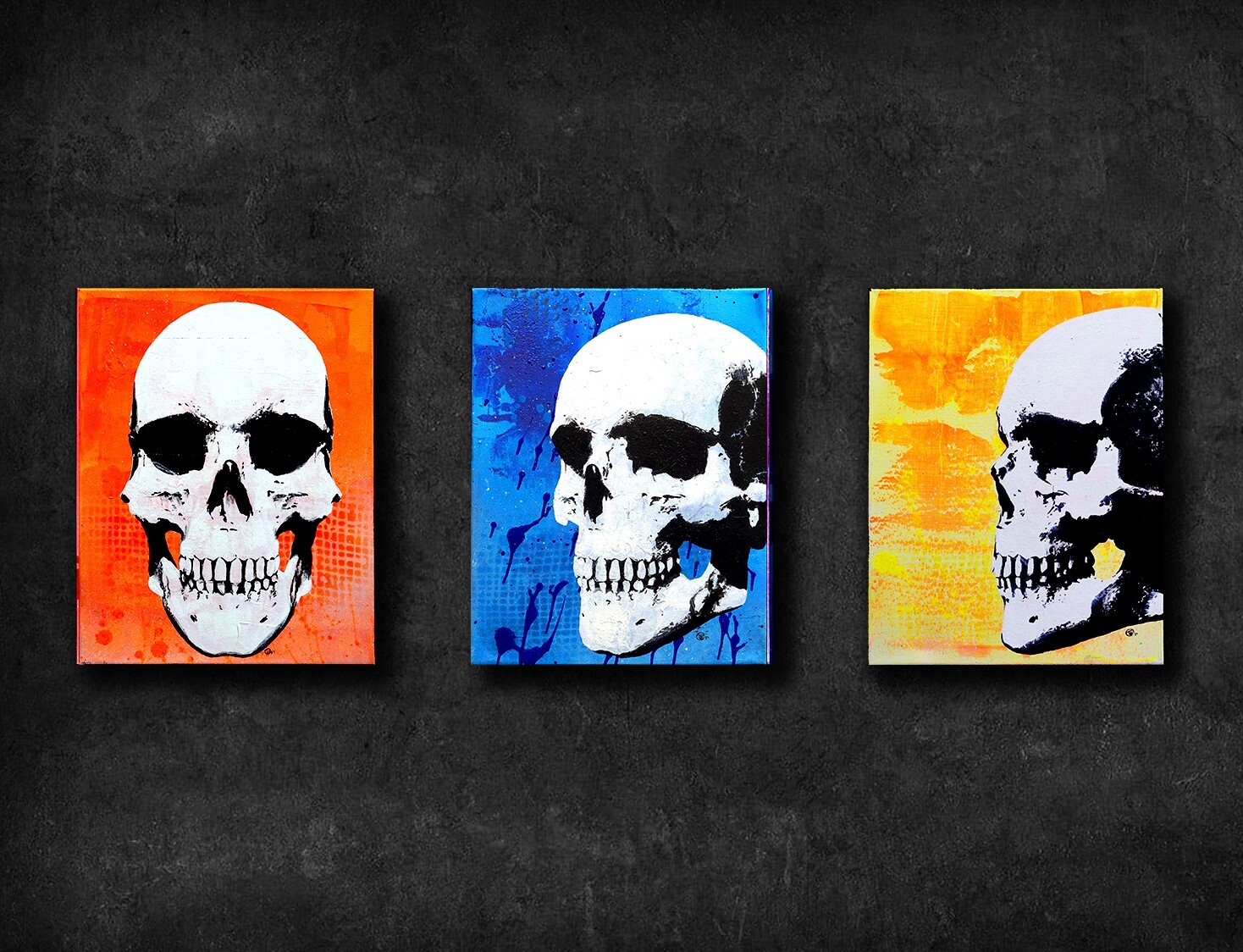 Original Skull Painting – POP ART – With UV Blacklight Bulb – 11×14 (set of 3)