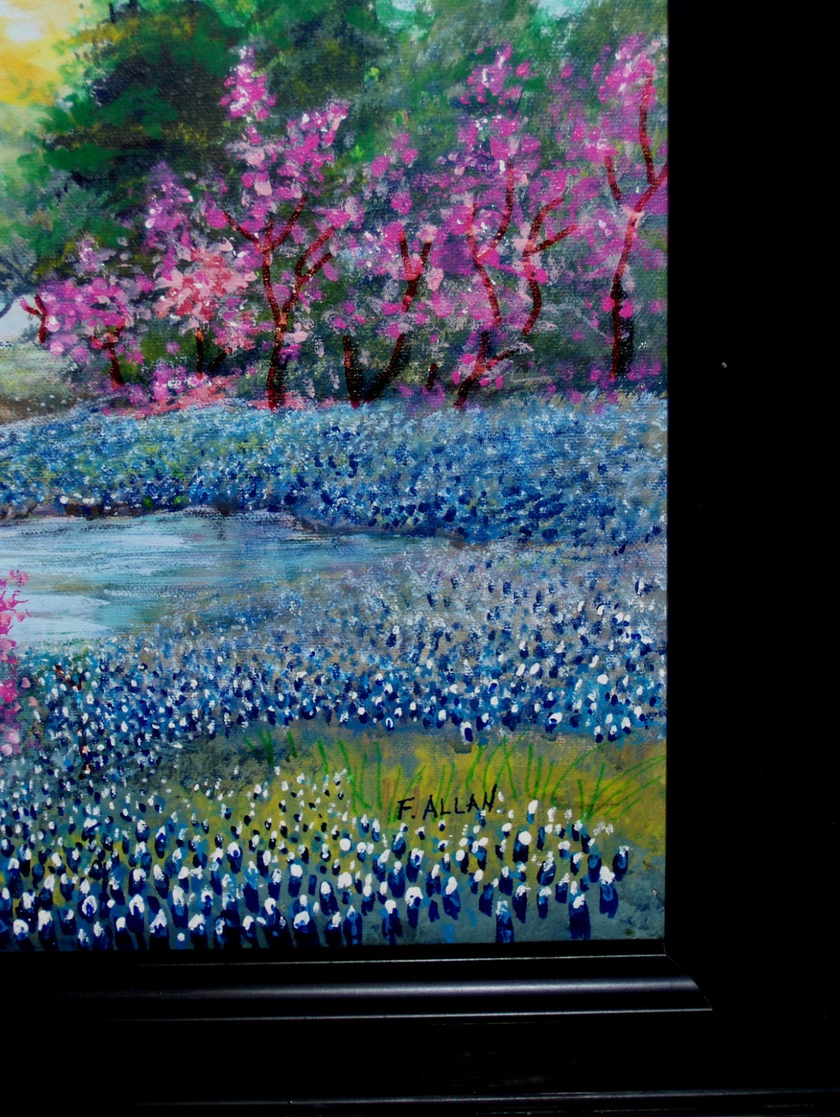 LARGE ORIGINAL Bluebonnet Landscape Barn Fence Heron Pond Blooming Tree Painting
