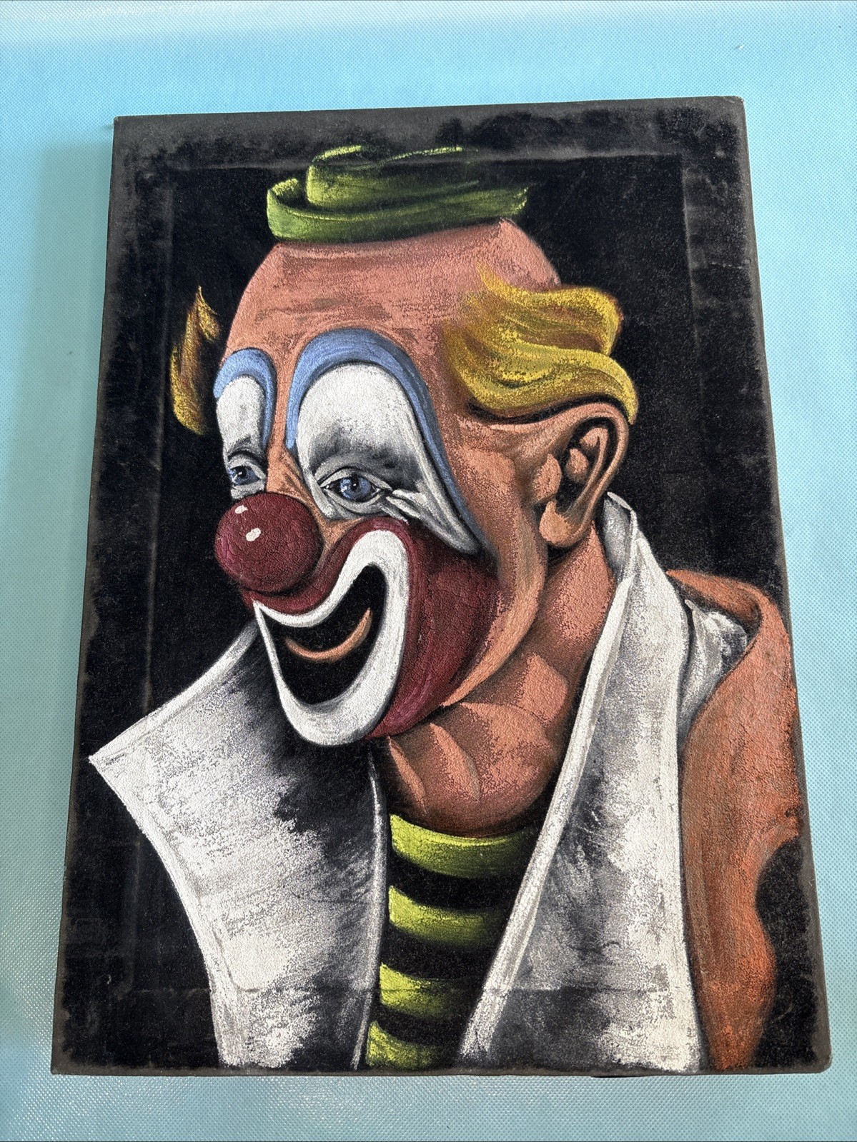 Vintage Black Velvet Circus Clown Red Nose Painting 12×17”