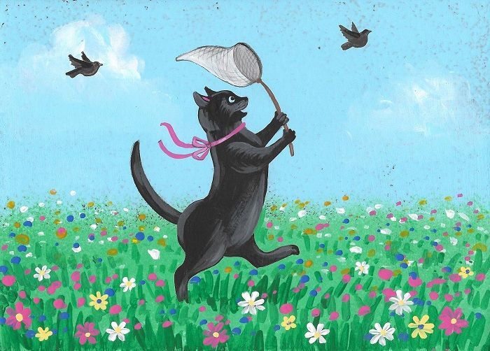 ACEO PRINT OF PAINTING RYTA BLACK CAT BIRDS LANDSCAPE VITAGE STYLE FOLK ART 🌸