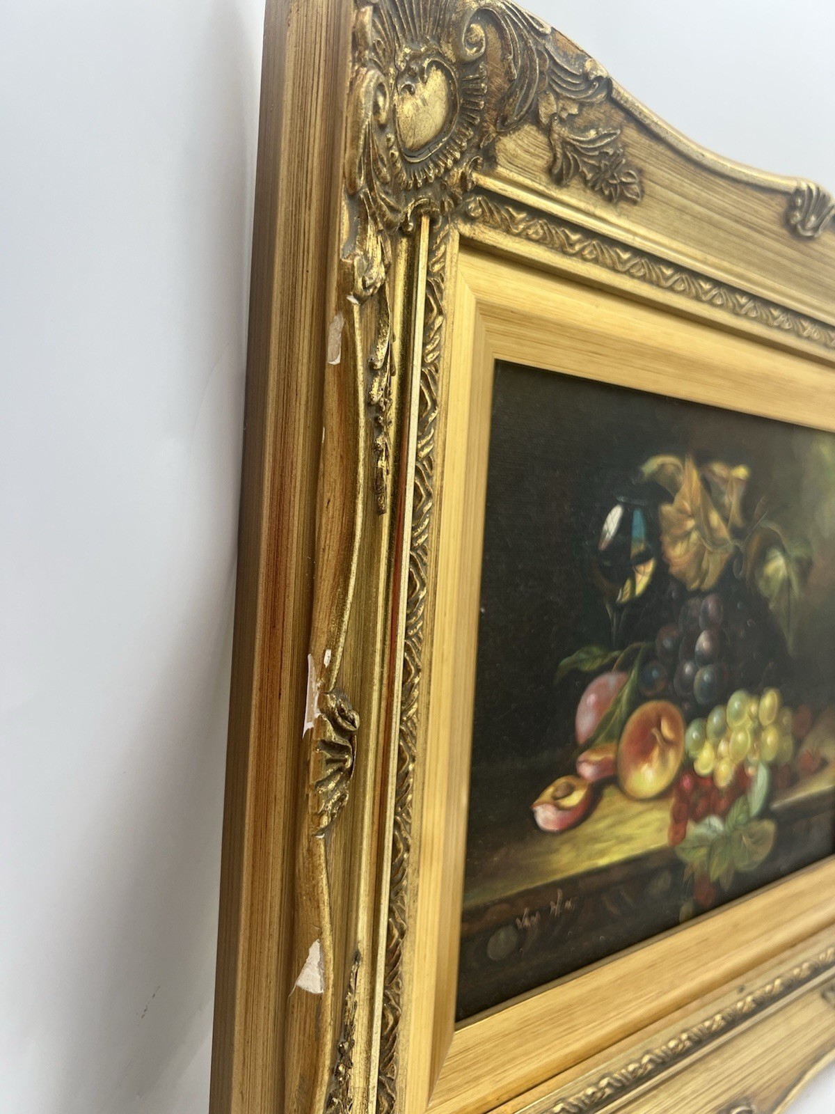 Vintage Signed Van Hunt Still Life Oil Painting Fruit Grapes Wine Glass Framed
