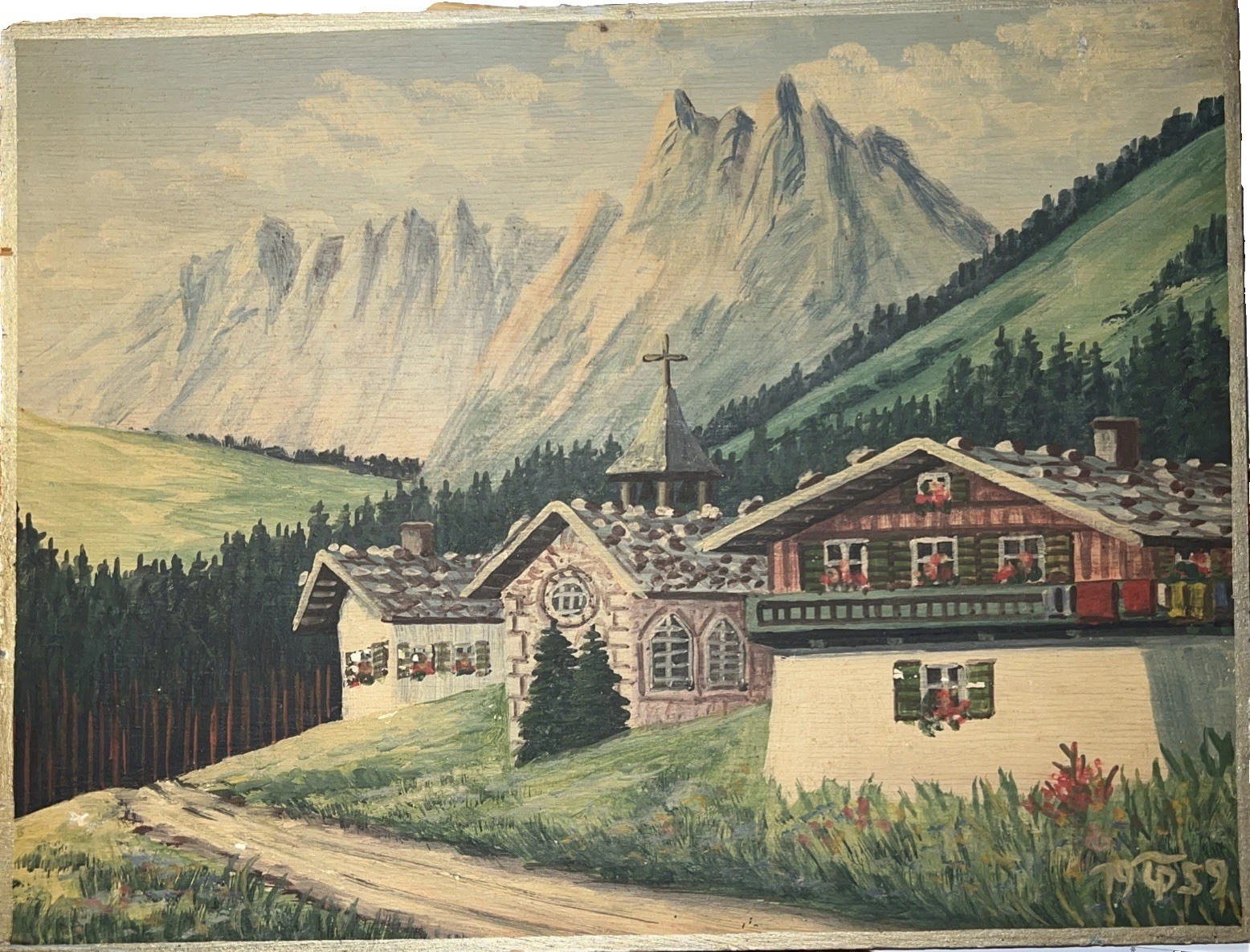 P. Tzschentke 1940 Wurzburg Bavaria Alps Hand Painted Signed Oil On Wood Germany