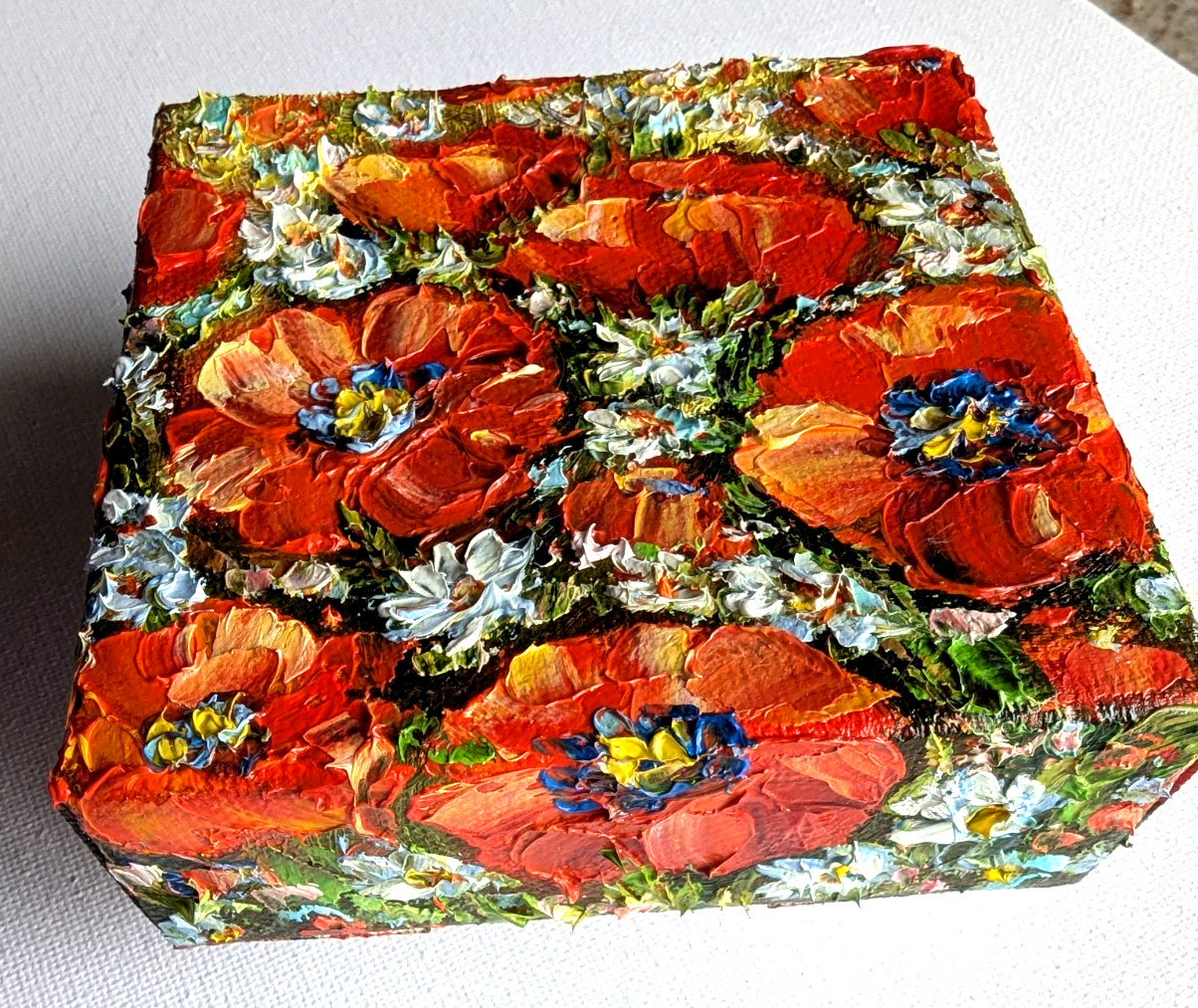 ORIGINAL OIL impasto Painting «Red Poppies» 4″X4″ X 1.5″ by Olga Diduh.