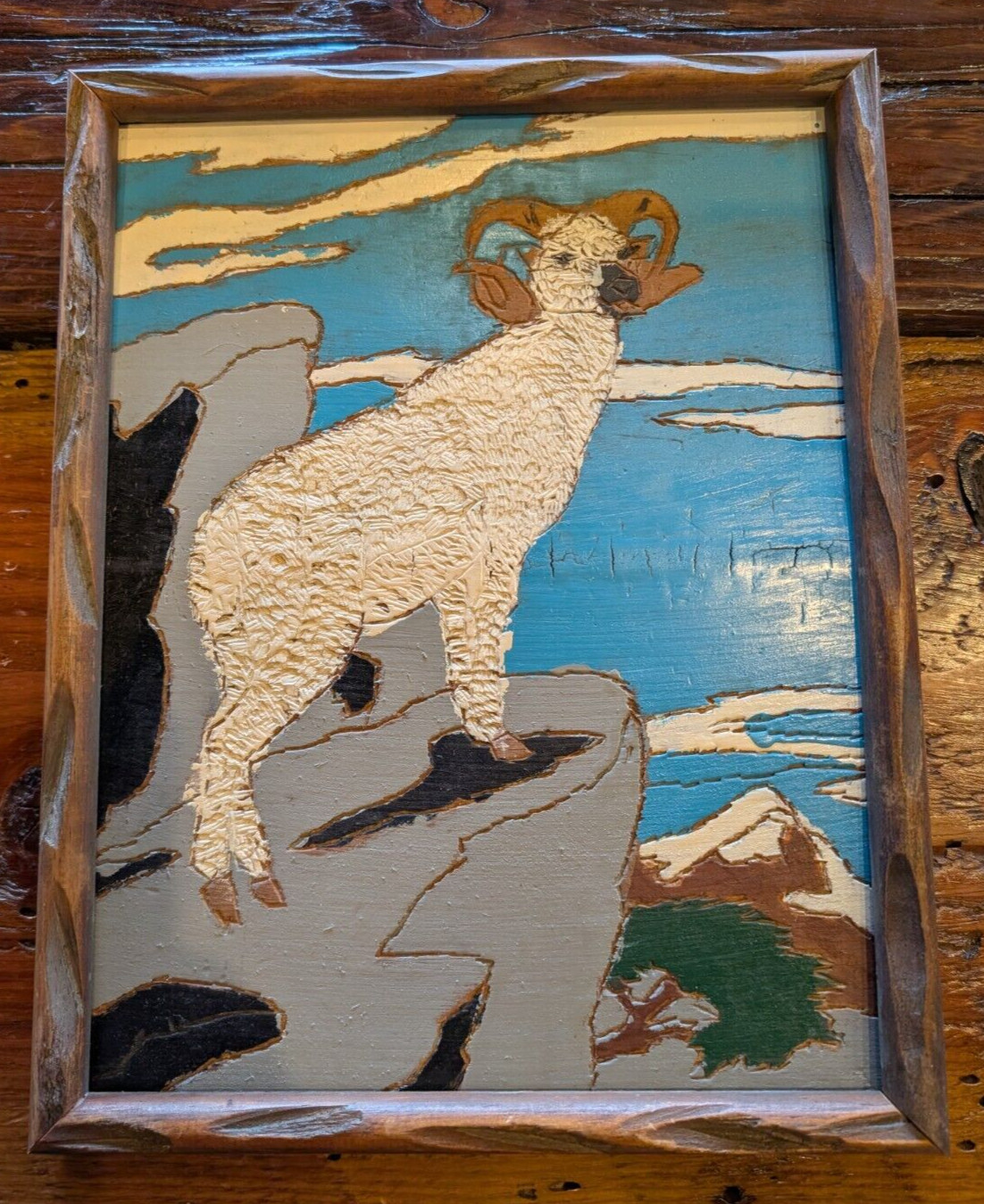 Framed MOUNTAON GOAT Wood Burning Painting Hand Carved