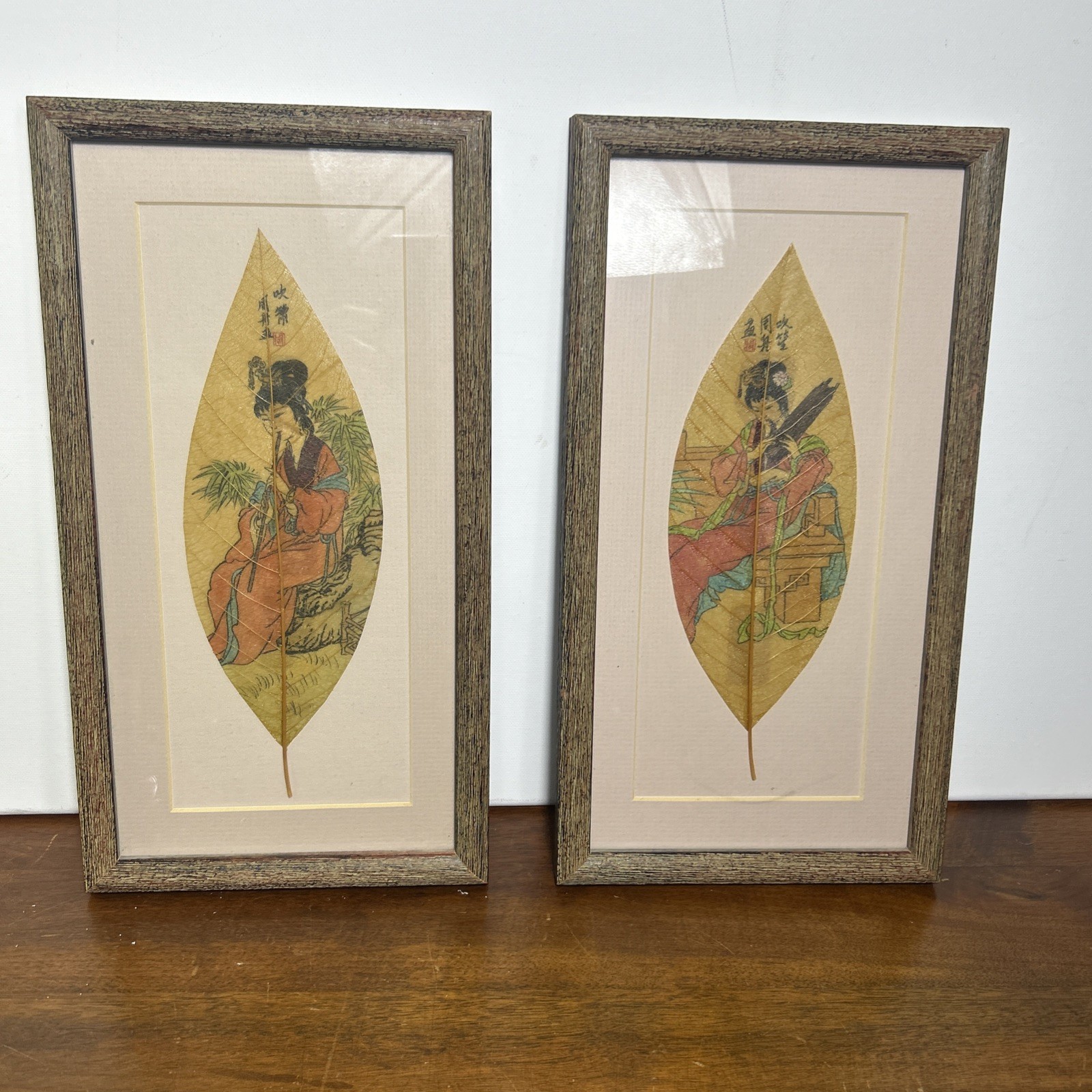 Leaf Vein Painting Framed Art 13 x 7 Matted Musical Ladies Lot of 2 Folk Art