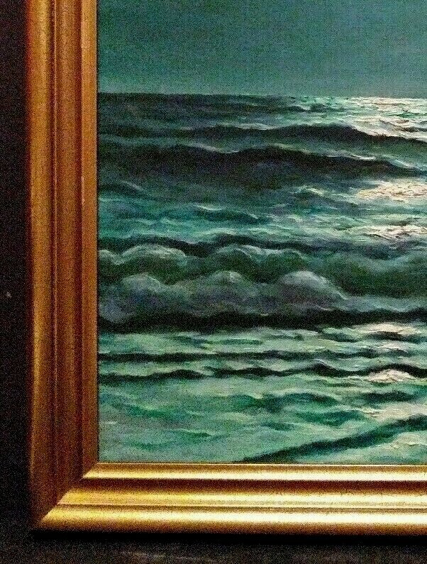 LISTED AMERICAN FRANK FERRUZZA Sd MOONLIT SAILBOAT ORIGINAL OIL on CANVAS FRAMED