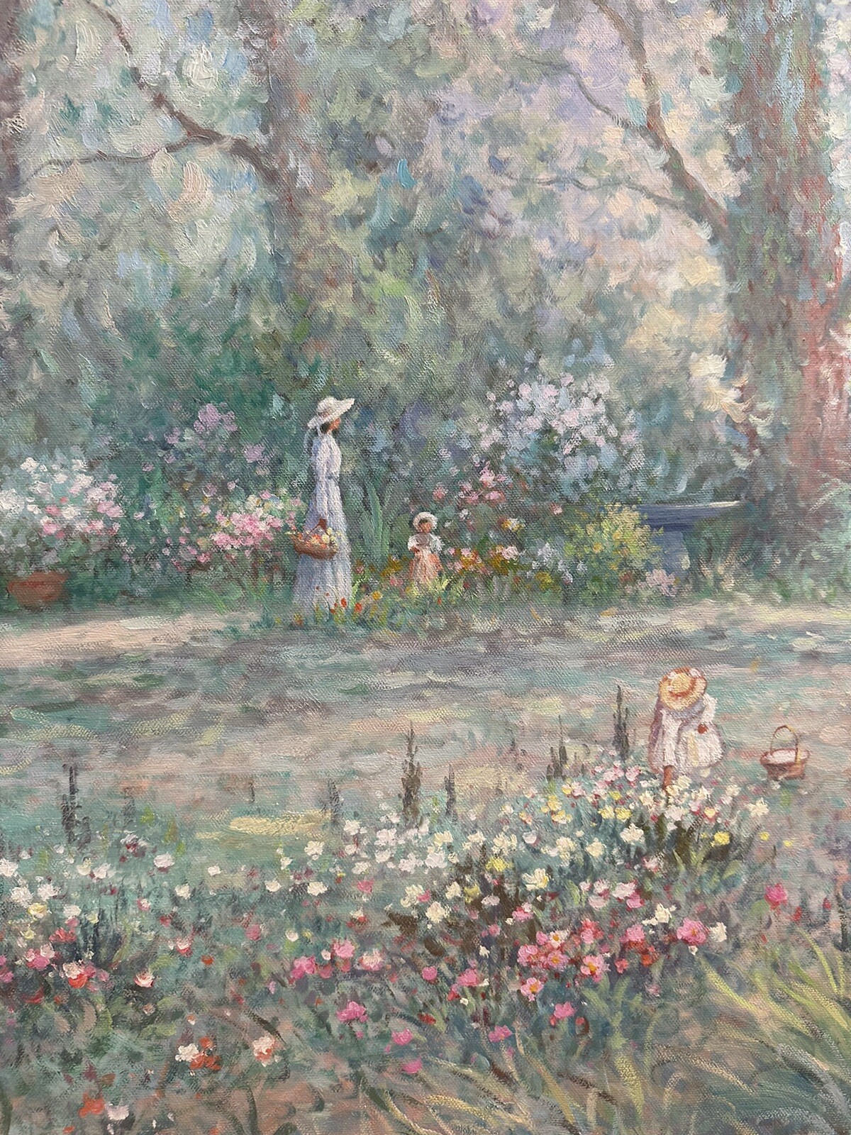 Hyun Bo Yoo «Mother & Child in Flower Garden» Framed Vtg Oil Painting Signed 38″