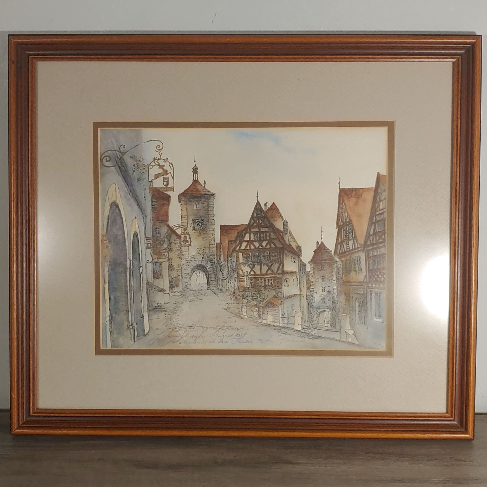 Framed Watercolor Painting Print Of Medieval Village 19″x18″