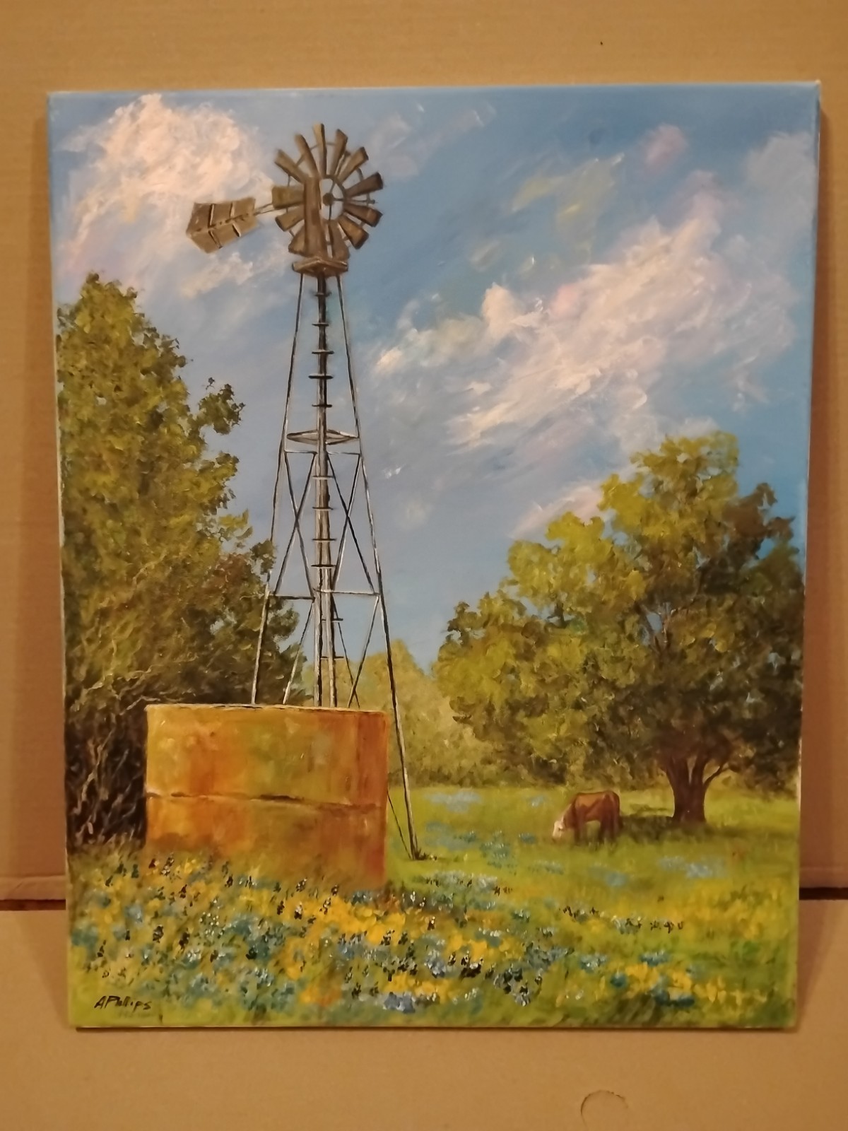 Authentic Oil Painting Bluebonnet Windmill Landscape 16×20