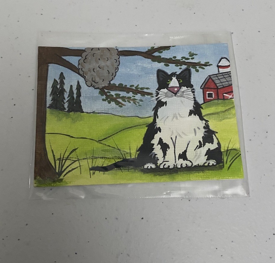 ACEO Original Pryjmak Painting Cat The Curse Of Curiosity 2.5×3.5” 2018
