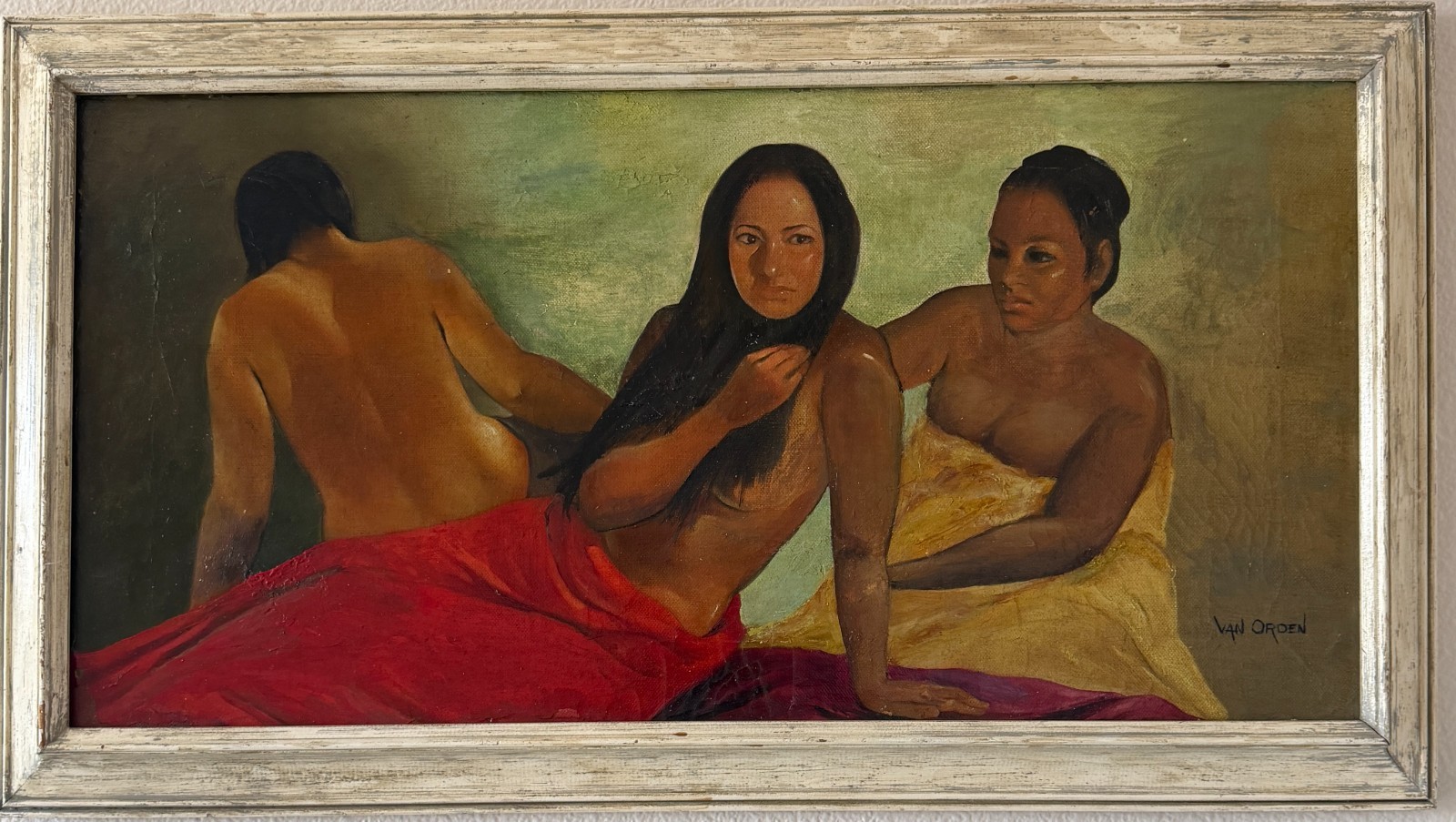 Vintage Signed Stuart Van Orden MCM Oil Painting Tahitian Figures Polynesian Art