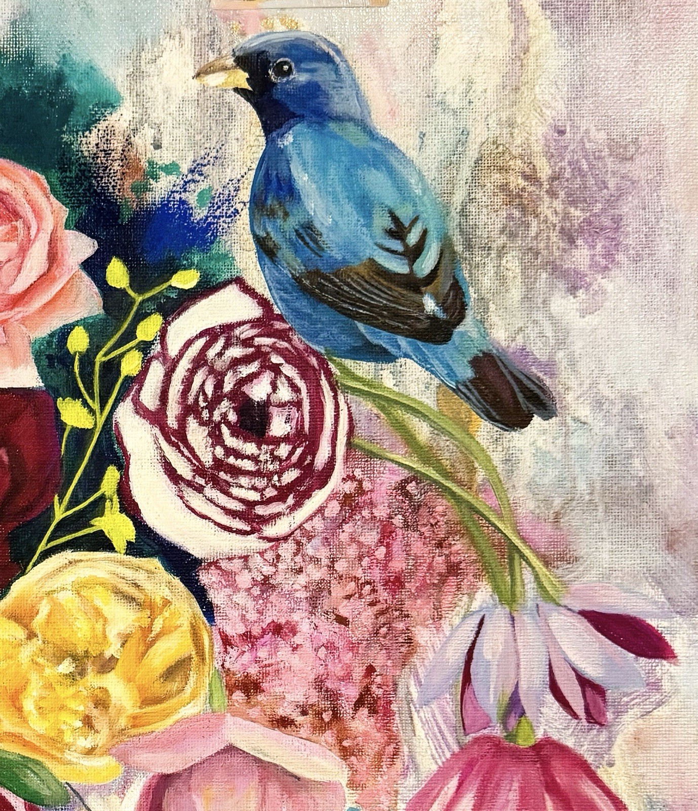 “Hope In Bloom” Acrylic Oil Collage On Canvas 16’x20” Painting Flowers Bird