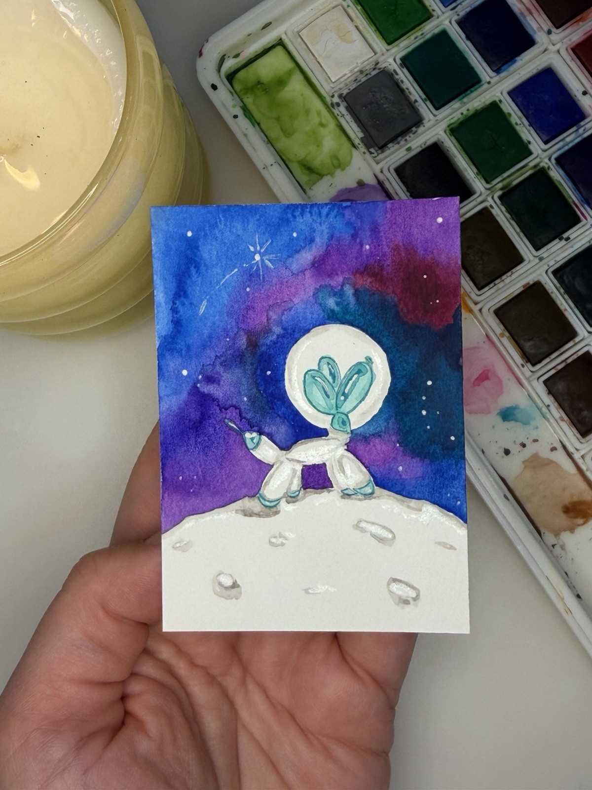 ACEO Original Watercolor Painting 2.5×3.5in -Astronaut Balloon Dog – Mini Art
