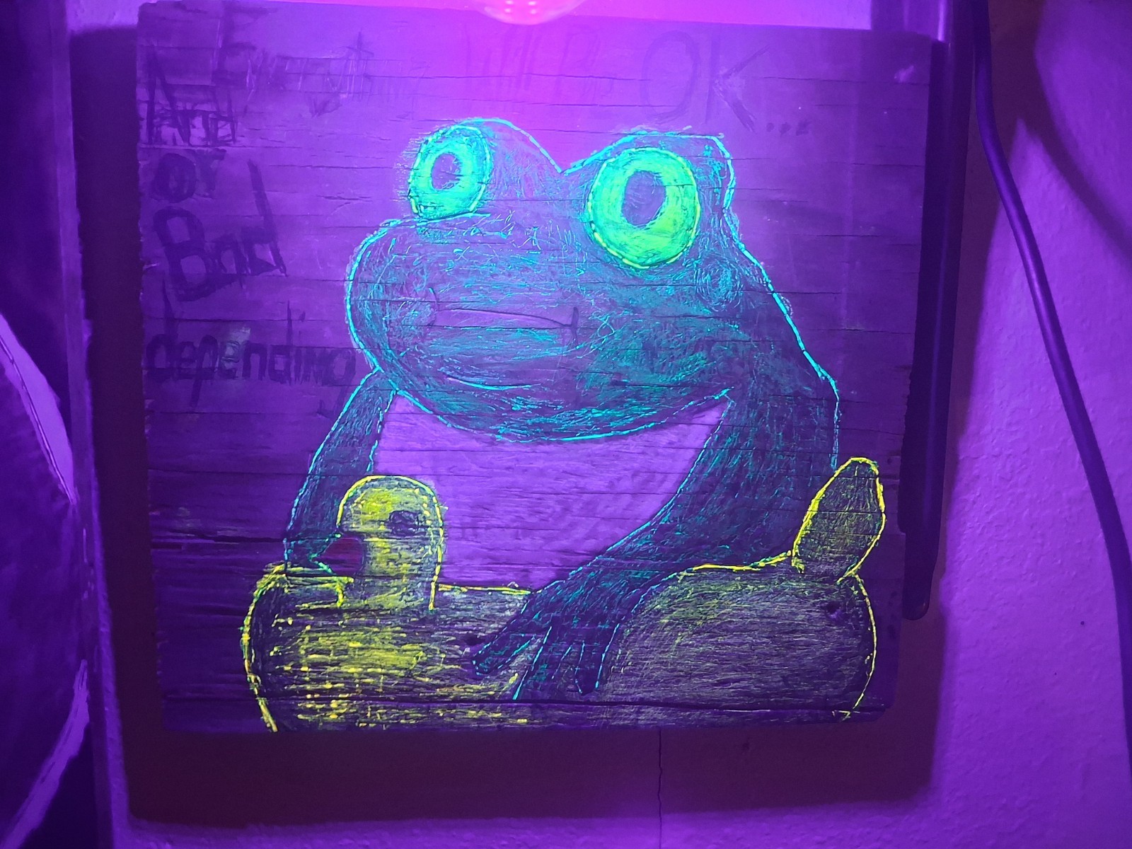 Wood Burning With Acrylic And Blacklight Reactive Highlights.