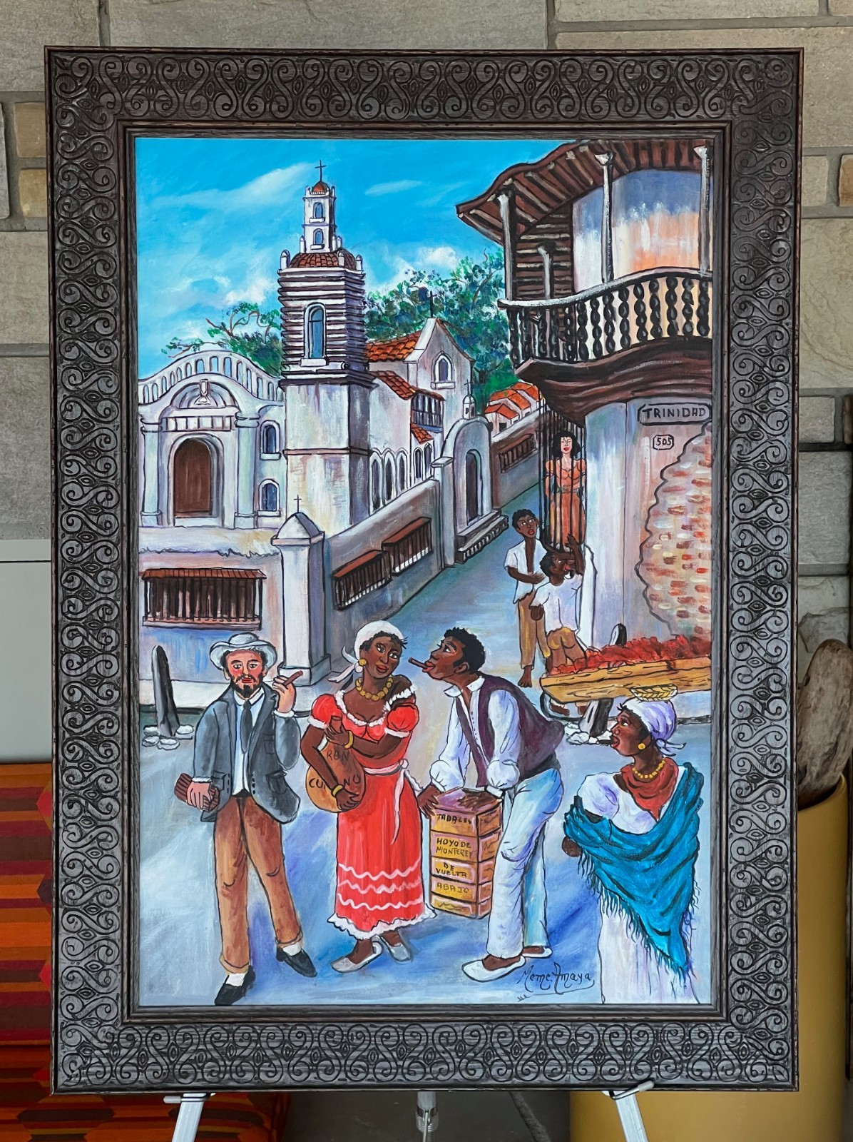 Original Painting Cuban Cigar Street Scene Framed and Signed Amaya Cuba