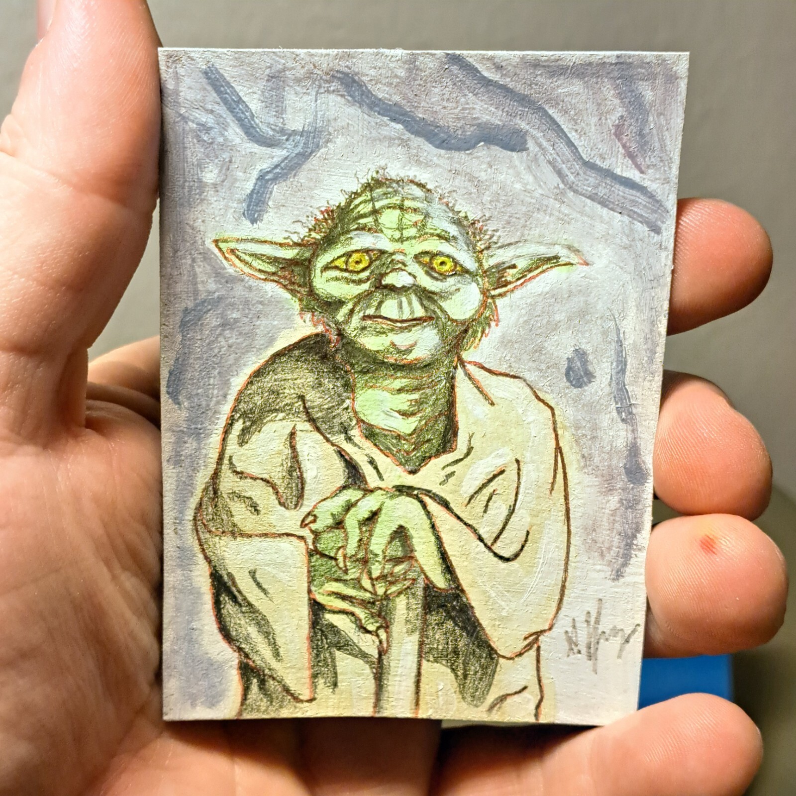 aceo original acrylic pencil ink «Star Wars Yoda» (OOAK) Limited ATC 1/1 signed