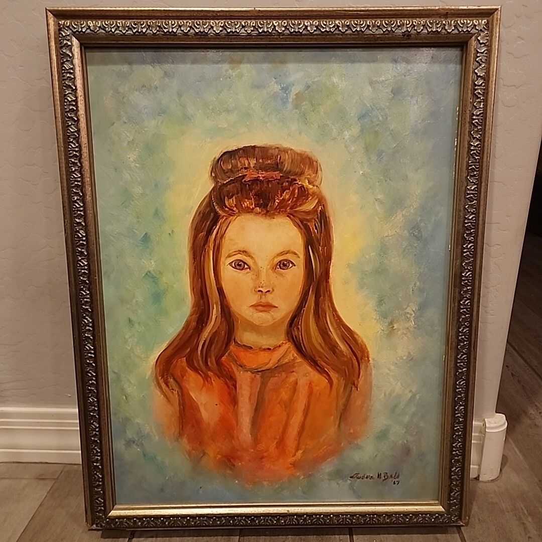 Unknown Painter Portrait Red Headed Girl Green Eyes Oil Painting 1967 Framed
