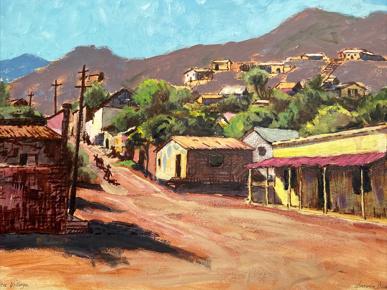 HISTORIC REGIONALISM PAINTING MEXICO VILLAGE DARWIN DUNCAN LISTED CALIFORNIA OIL