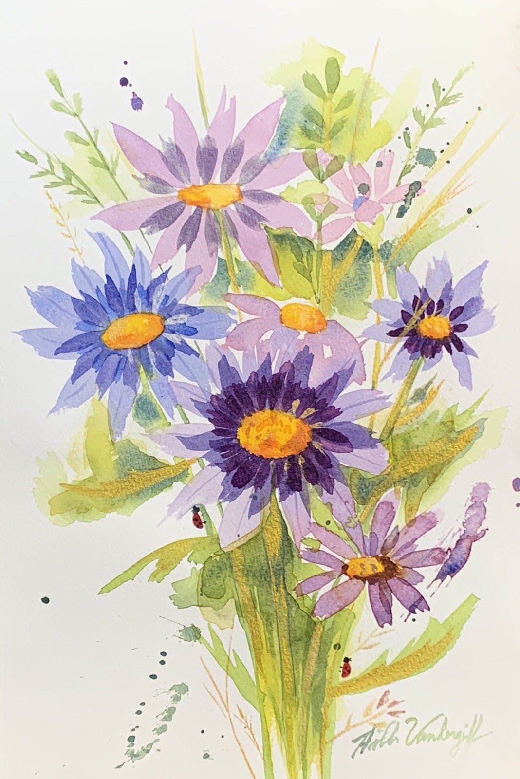 Daisies And Ladybugs Original Watercolor Painting