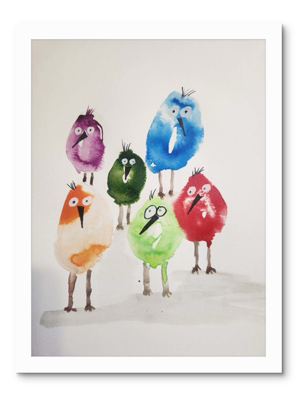 Abstract Silly Birds Colorful Unique Bold Art Watercolor Mixed Media Paper