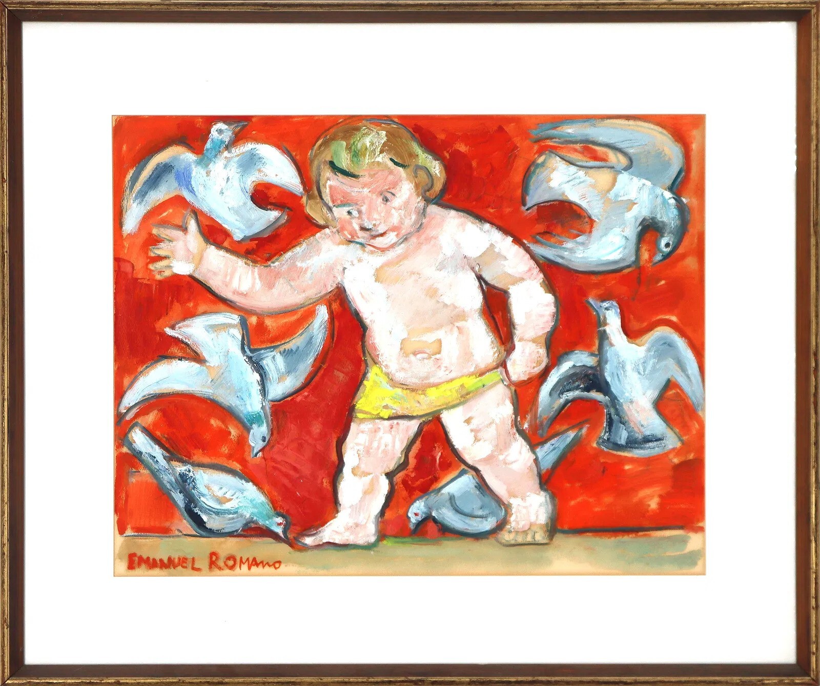 Emanuel Glicenstein Romano USA 1897-1984 Original «Child W/ Doves» 31 x 26 inch