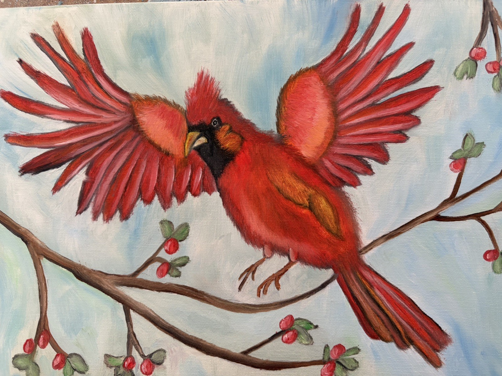 Original oil painting art on canvas 11 x 14 in portrait red bird cardinal
