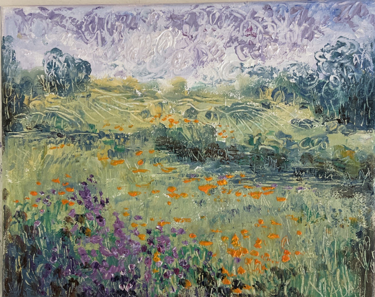 Original Oil Painting Palette Knife California Flower Fields Green Orange