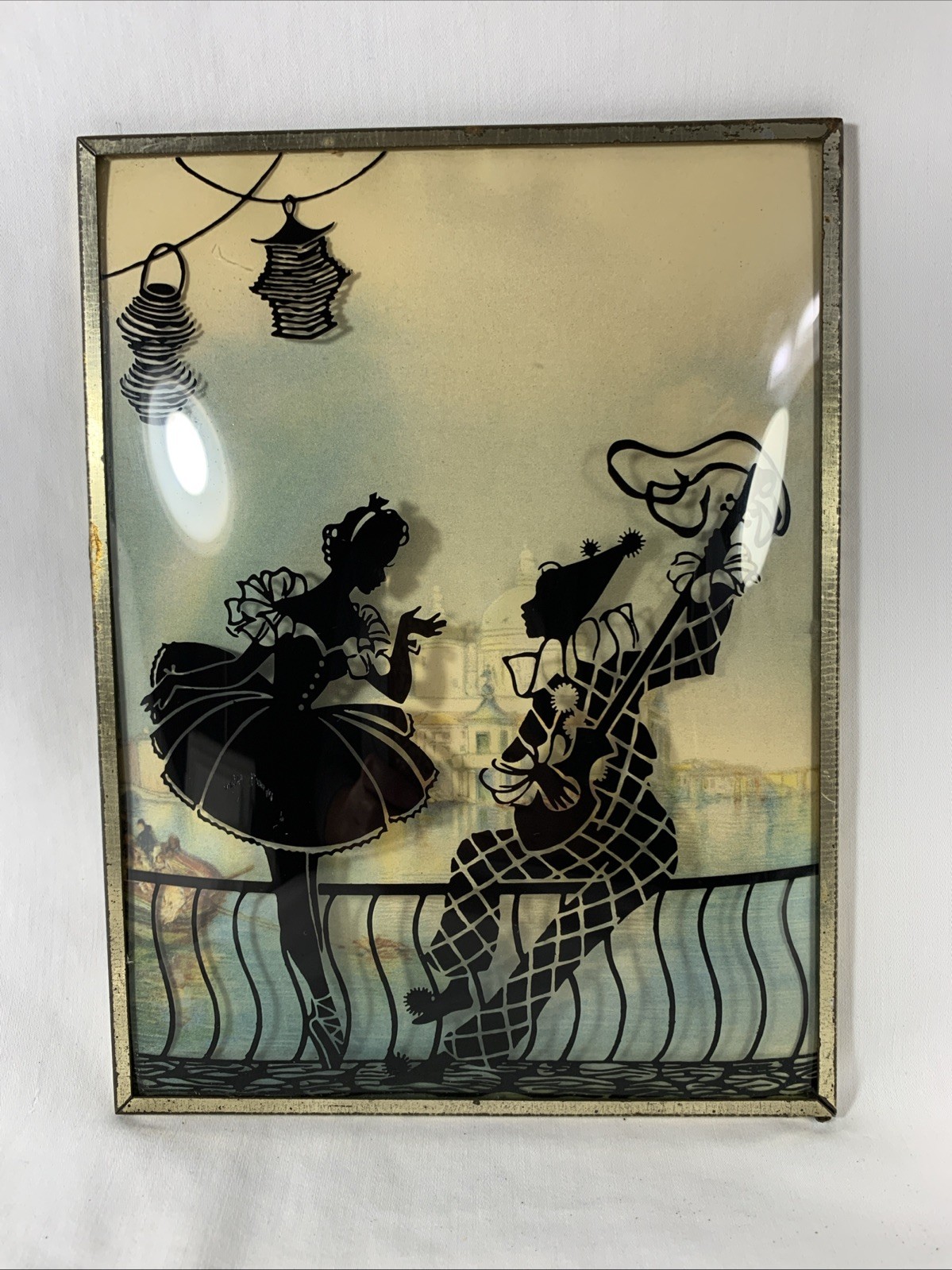 Art Deco Convex Benton Glass Silhouette Ballerina And Harlequin Picture