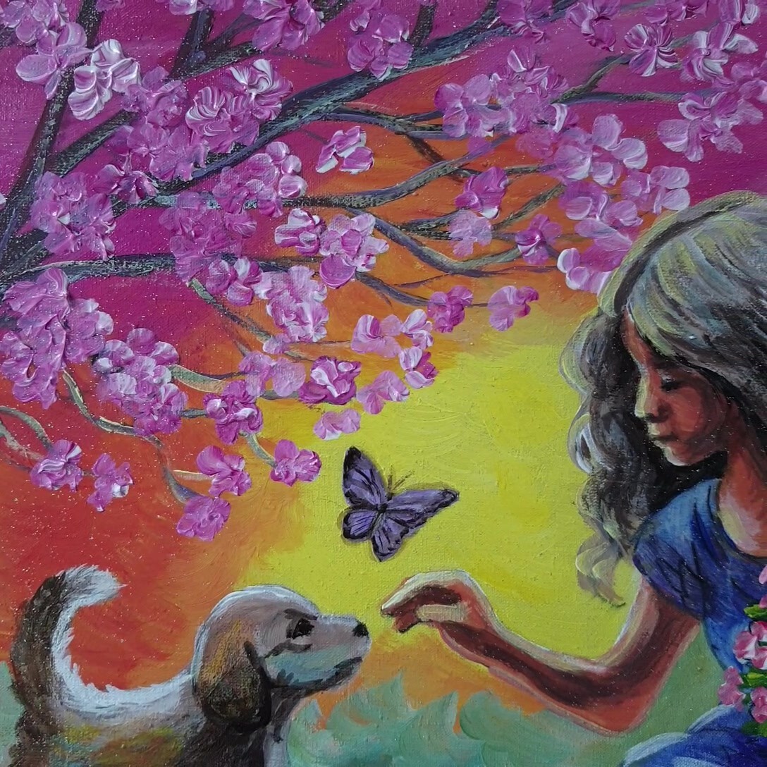 Painting Spring Bloom Puppy Signed Wall Art Decor Gift Original Ukrainian Artist
