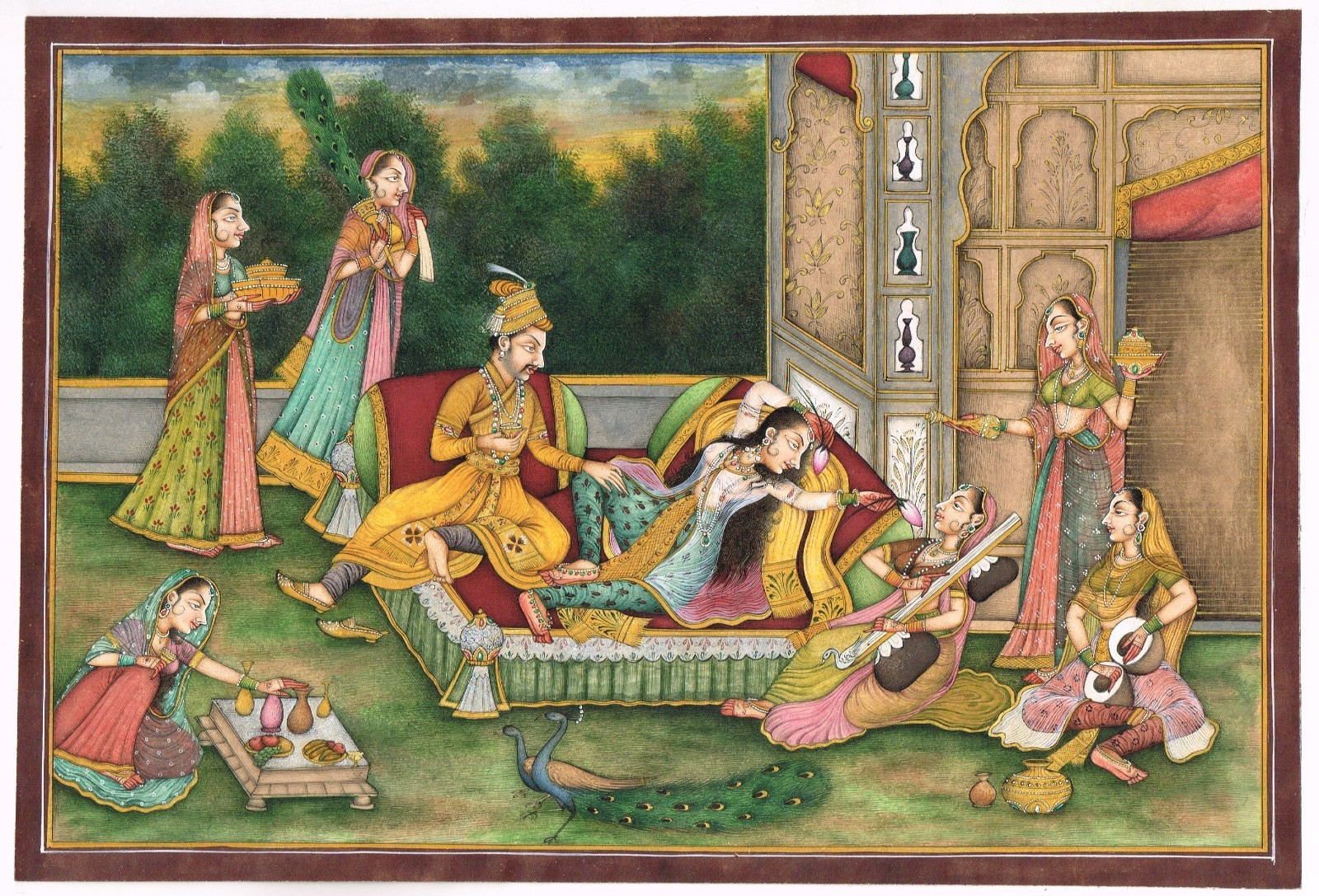 Handmade Mughal Painting – Royal Couple with Attendants Court Artwork 13X9″