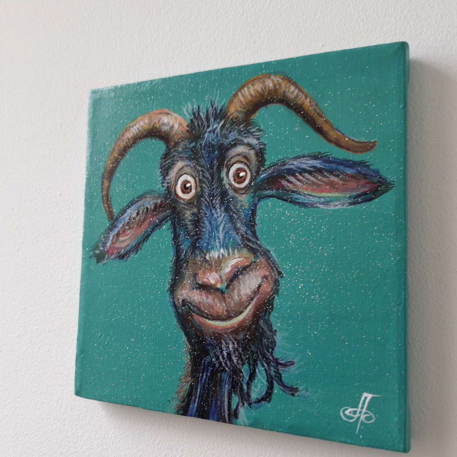 Original Acrylic Painting Funny Blue Goat Horns Smirk Small Hand Painted Canvas