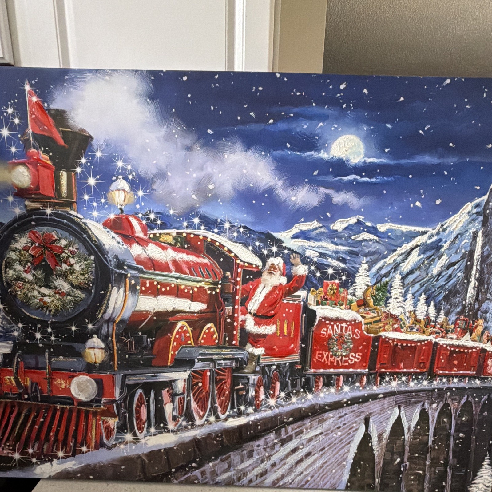 Santa’s Express Christmas Train Painting, Santa Claus Snowy Mountain Night