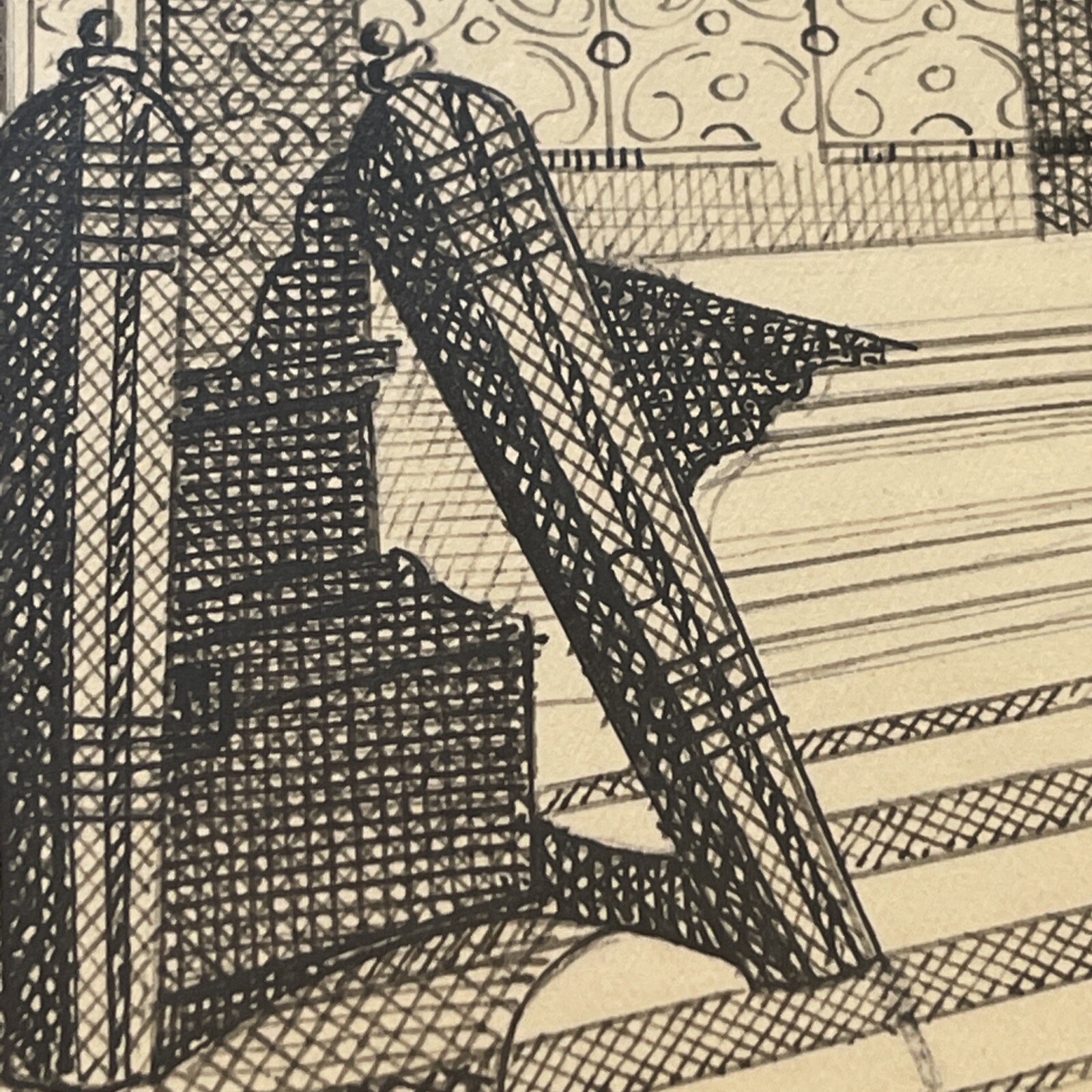 Architectural Drawing Antique Signed Mystery Artist Design Original Pen And Ink