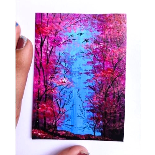 ACEO Original Landscape Nature Tree Waterfall Pop Art Acrylic Hand Painting NEW