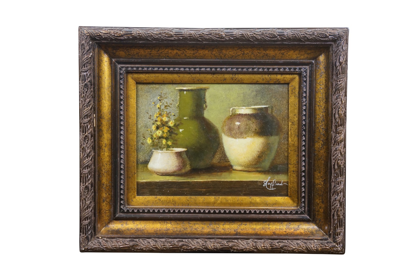 Timeless Treasures Vase Crock Yellow Flowers Still Life Oil Painting 27″
