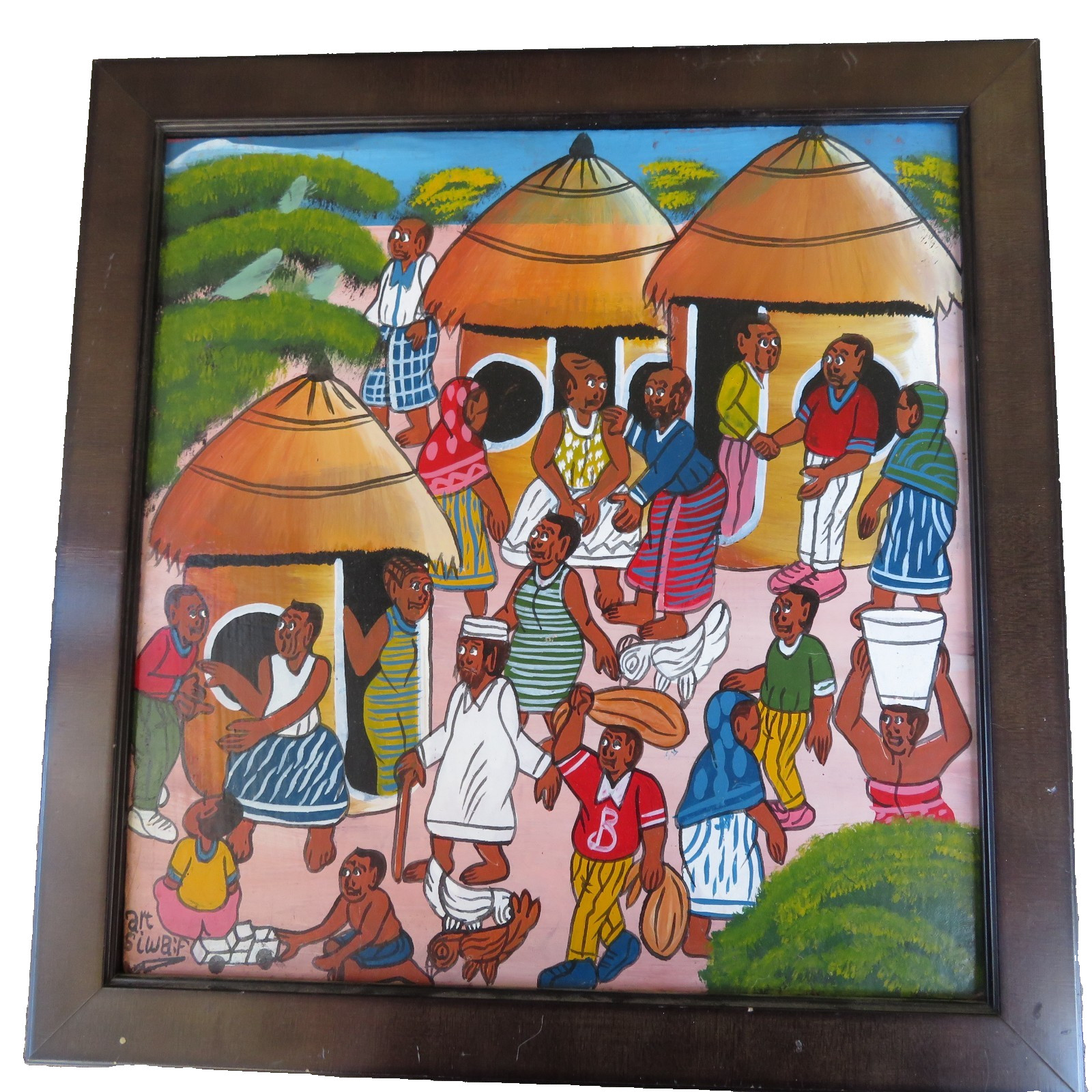 Village Folk art original painting on board w/ wood frame 13.5×13.5