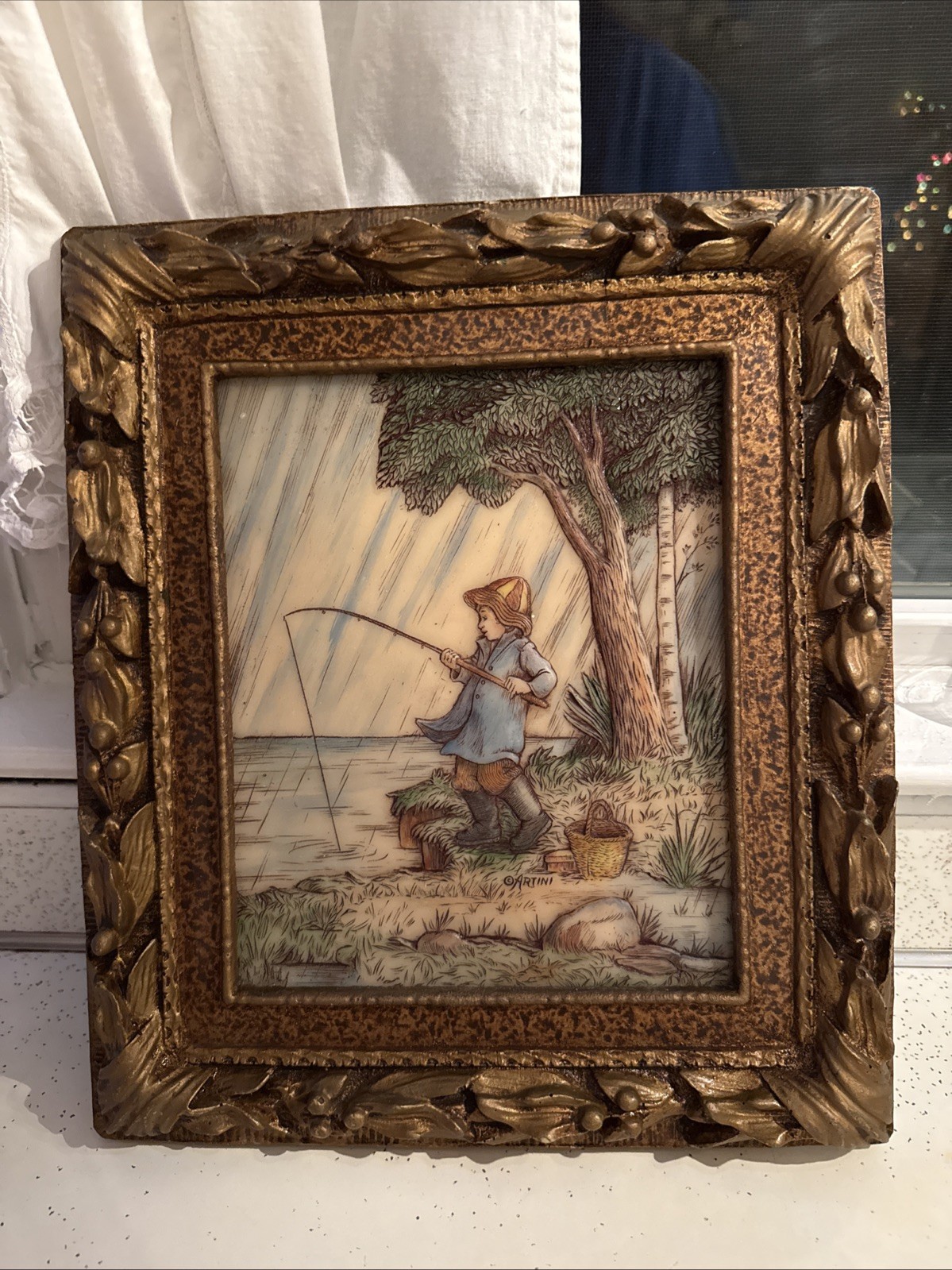 Vintage Picture Artini Etched Picture Framed Boy Fishing