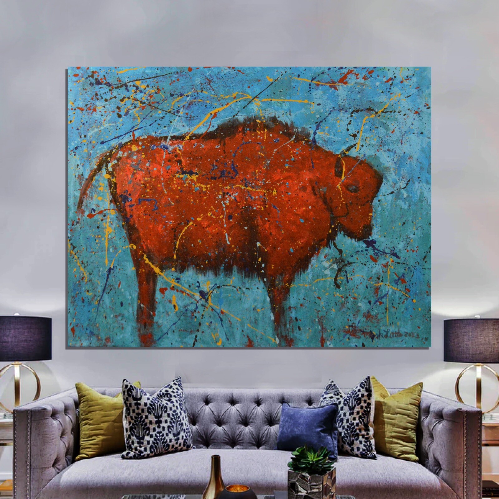 Jackson Pollock style￼ Southwest￼ Painting 81” X 62”(6ft 9in)Abstract Buffalo￼