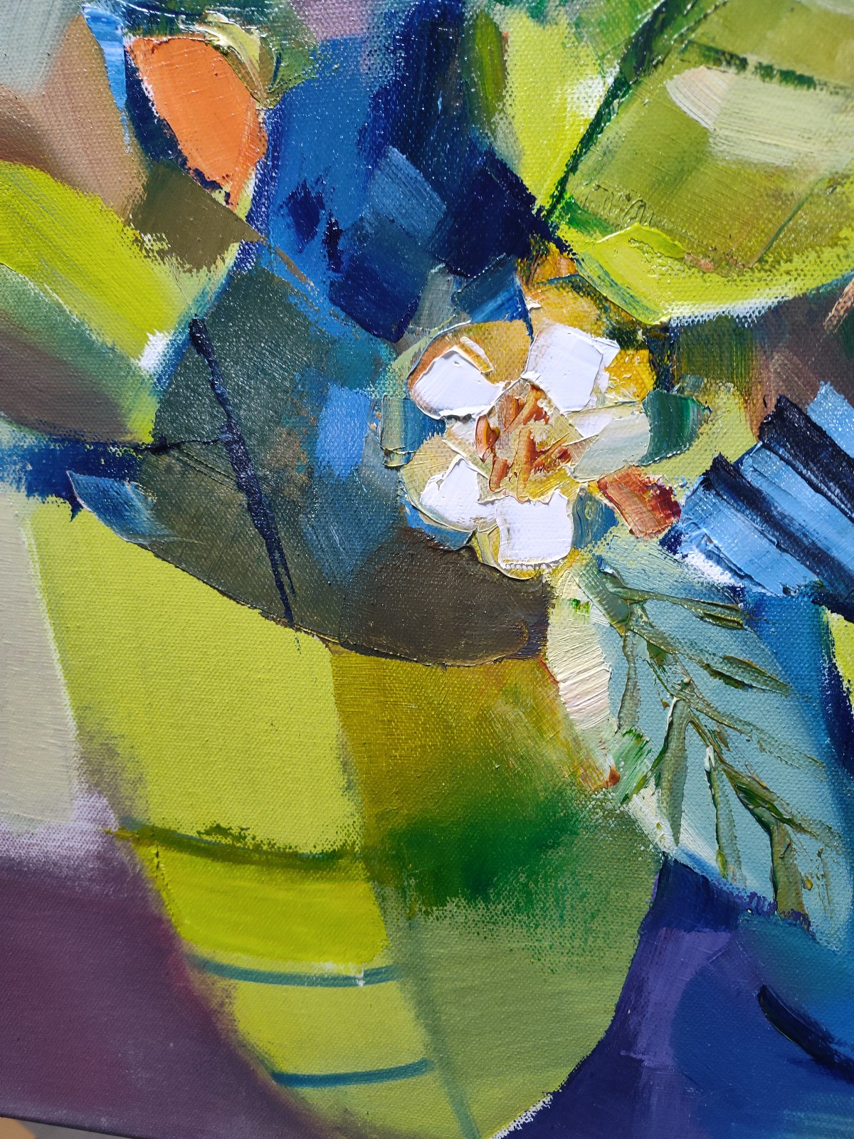 Original oil painting 18″x18″ Contemporary Floral art, Green Blue Decorative Art